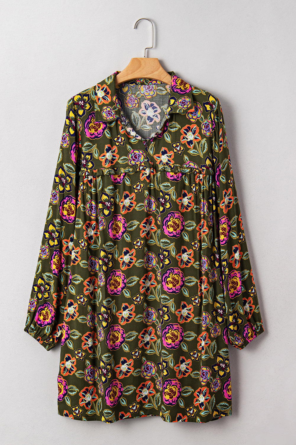 Green Floral Print Split Neck Bubble Sleeve Shift Mini Dress