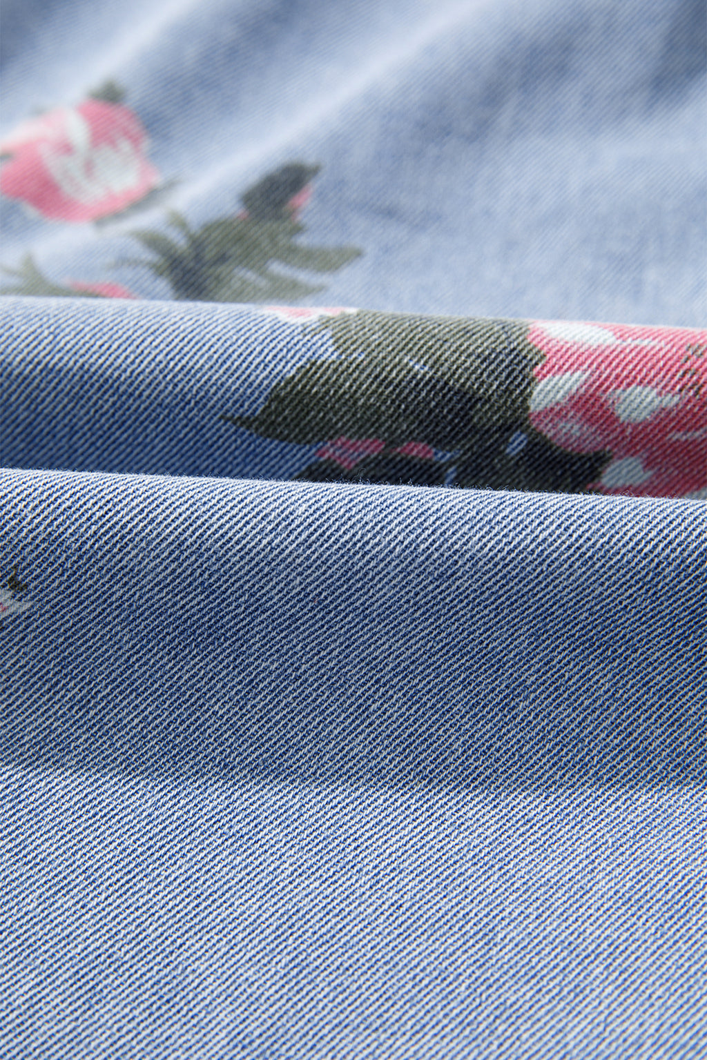 Sky Blue Denim Floral Print Cuffed Short Sleeve Button Down Shift Dress