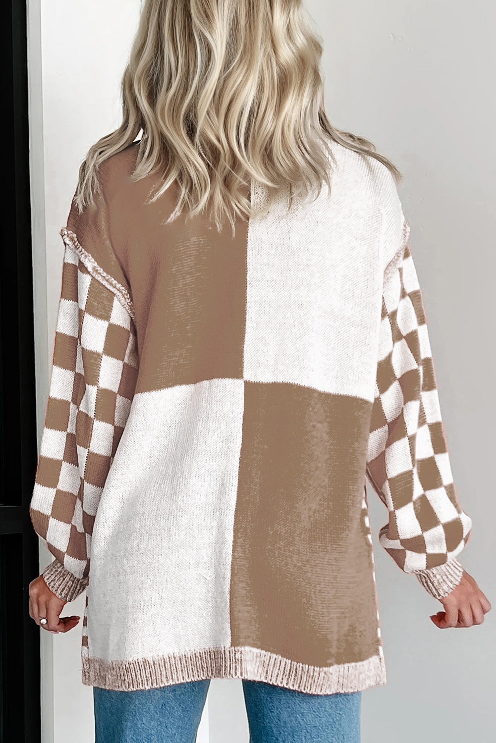 Orange Plus Size Checkered Bubble Sleeve Drop Shoulder Open Cardigan