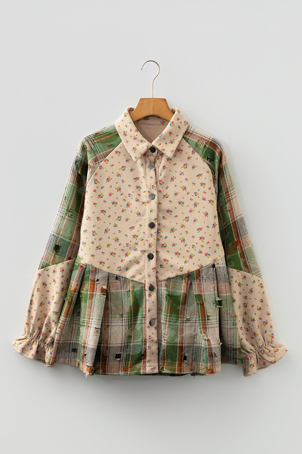 Ashleigh Blue Boho Floral Plaid Patchwork Distressed Detail Ruffled Sleeve Waffle Knit Shacket