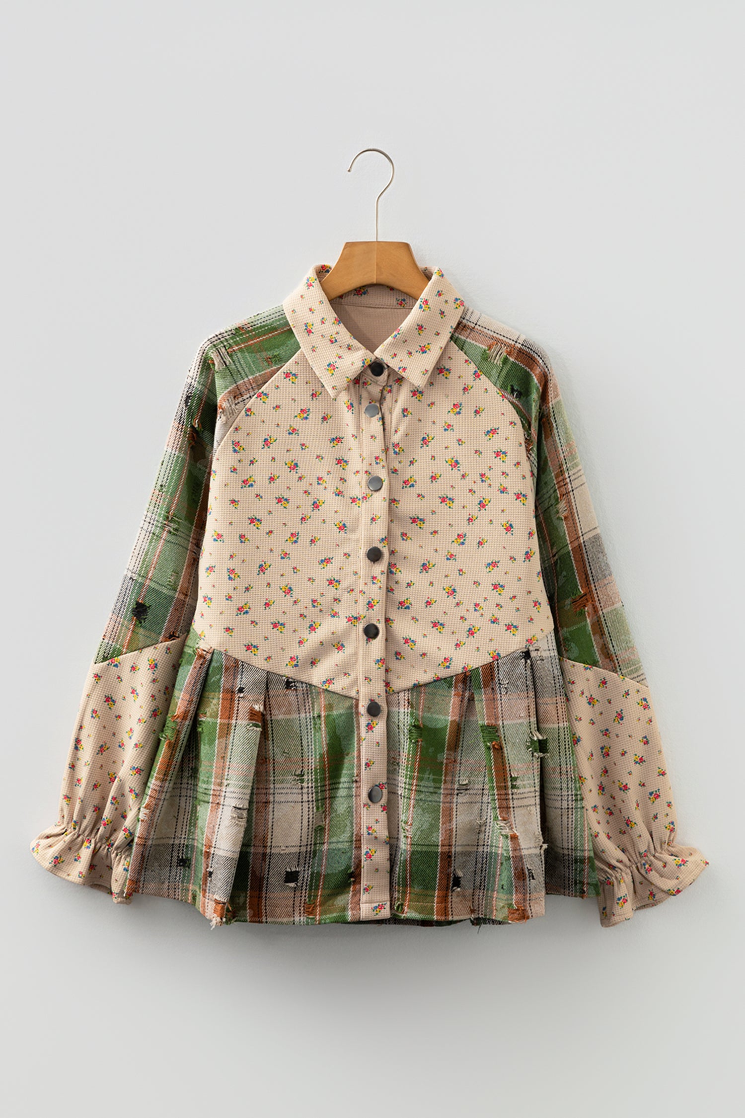 Ashleigh Blue Boho Floral Plaid Patchwork Distressed Detail Ruffled Sleeve Waffle Knit Shacket
