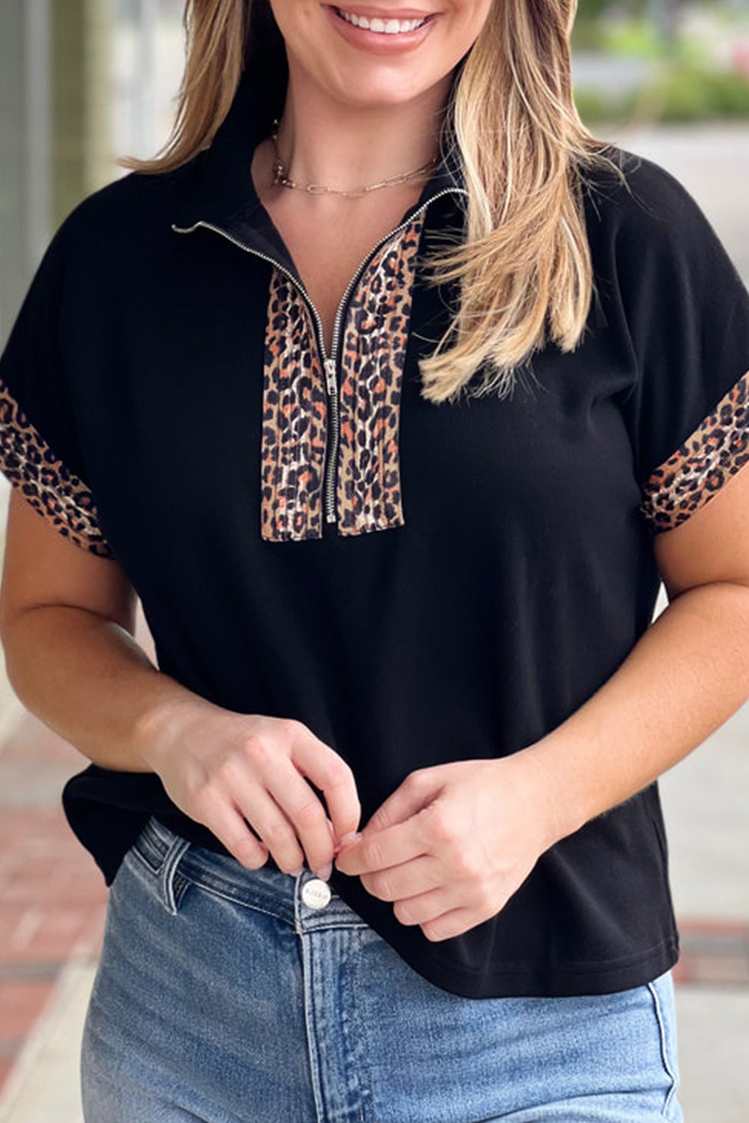 Black Plus Size Leopard Patchwork Half Zip Short Sleeve Top