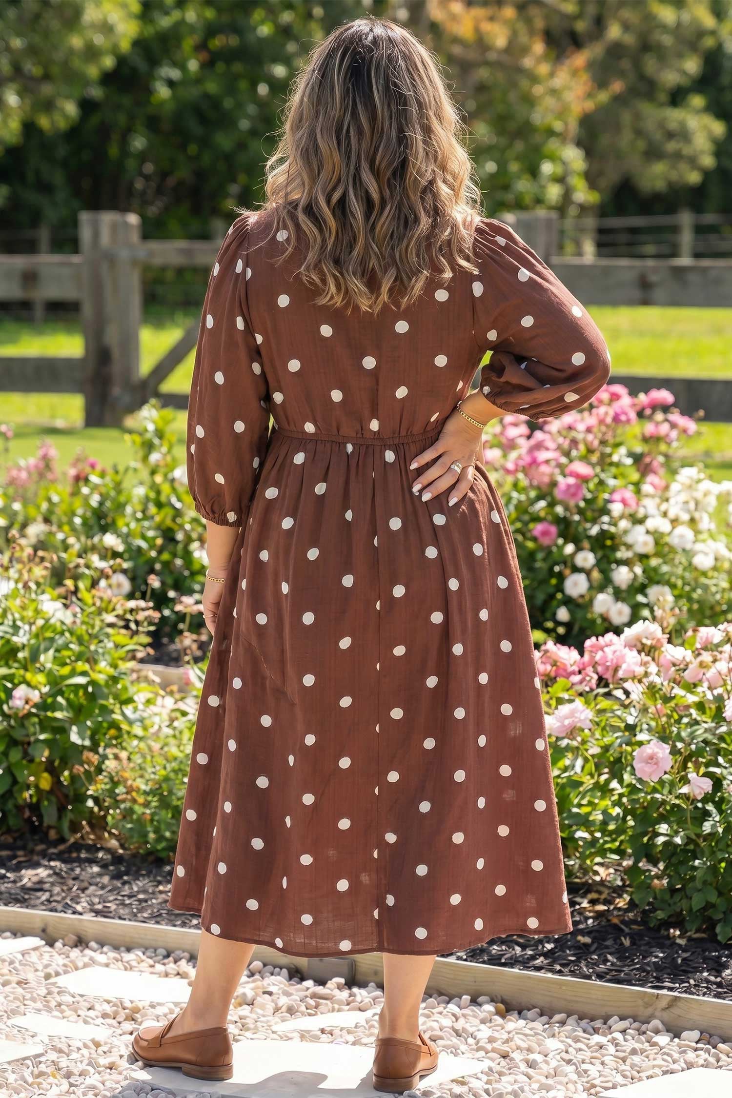 Brown Polka Dot V Neck Abdomen Pocket Gathered Cuffs Long Sleeve Shift Plus Size Dress