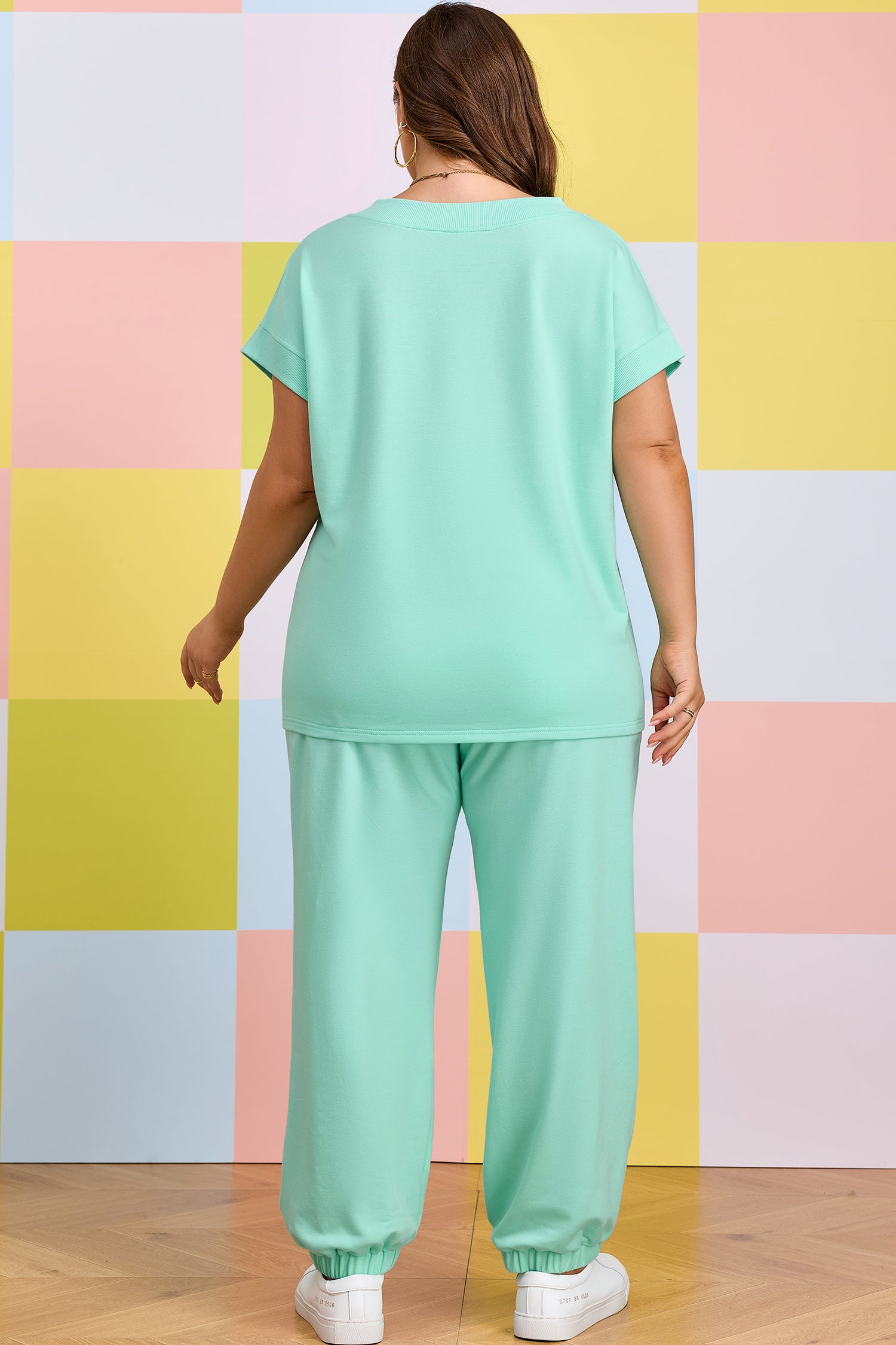 Bonbon Solid V-Neck Tee and Drawstring Plus Size Pants Set
