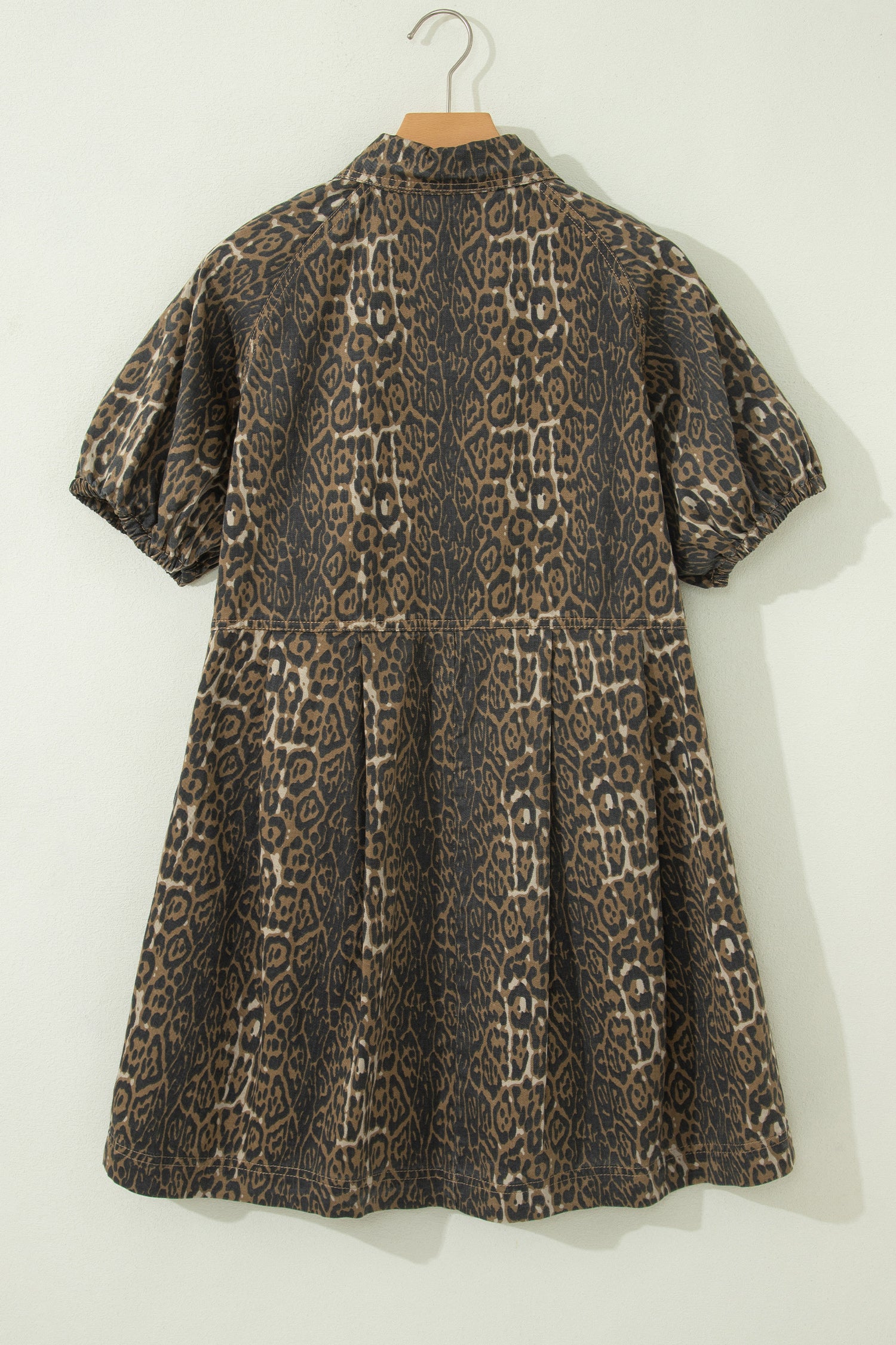 Gray Leopard Print Short Sleeve Pleated Denim Mini Dress