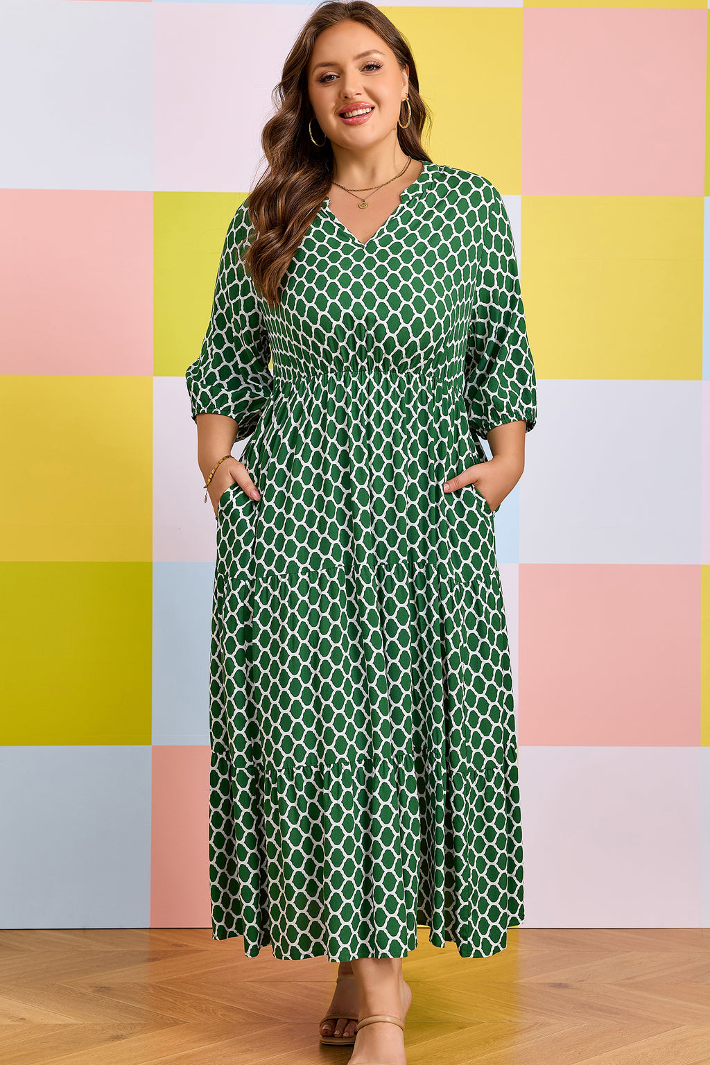 Green Plus Size Geometric Print Pocketed Ruffle Hem Casual Dress