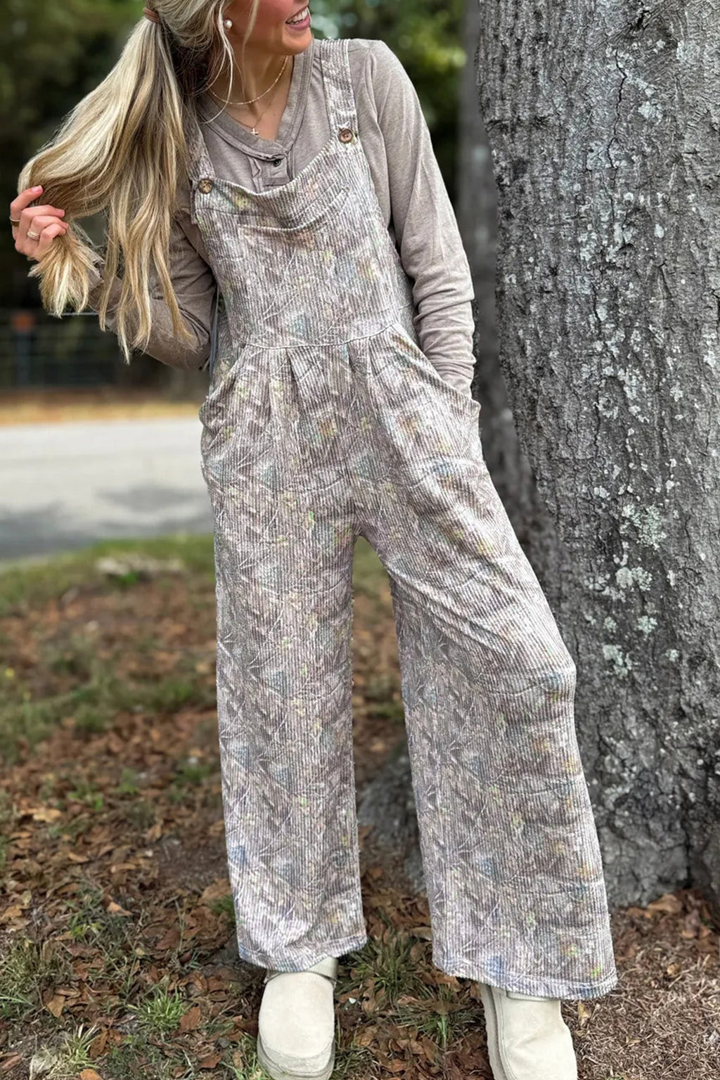 Brown Camouflage Twist Ribbed Sleeveless Full-Length Casual Jumpsuit