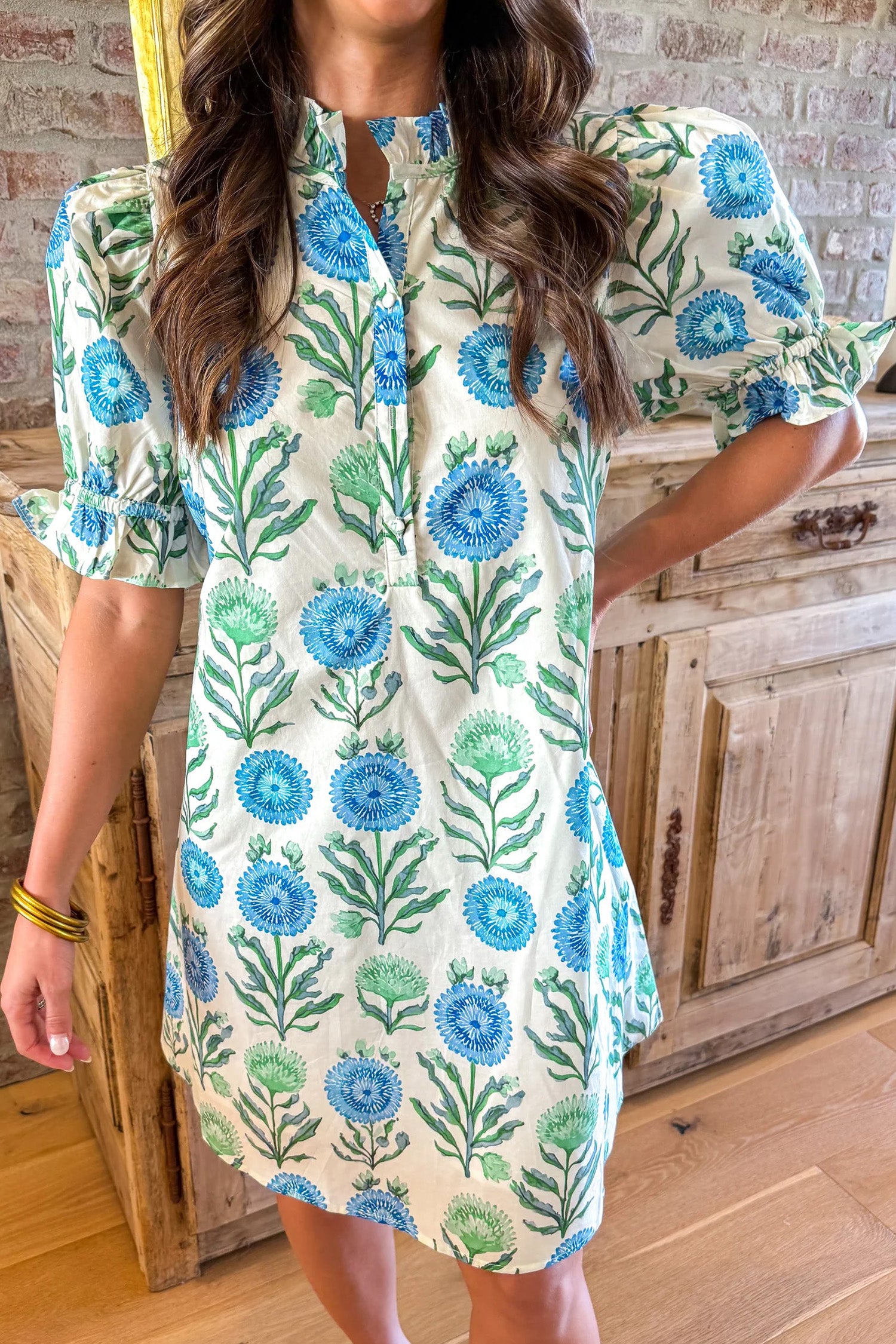 Sky Blue Floral Print Half Button Frilly Short Sleeve Dress