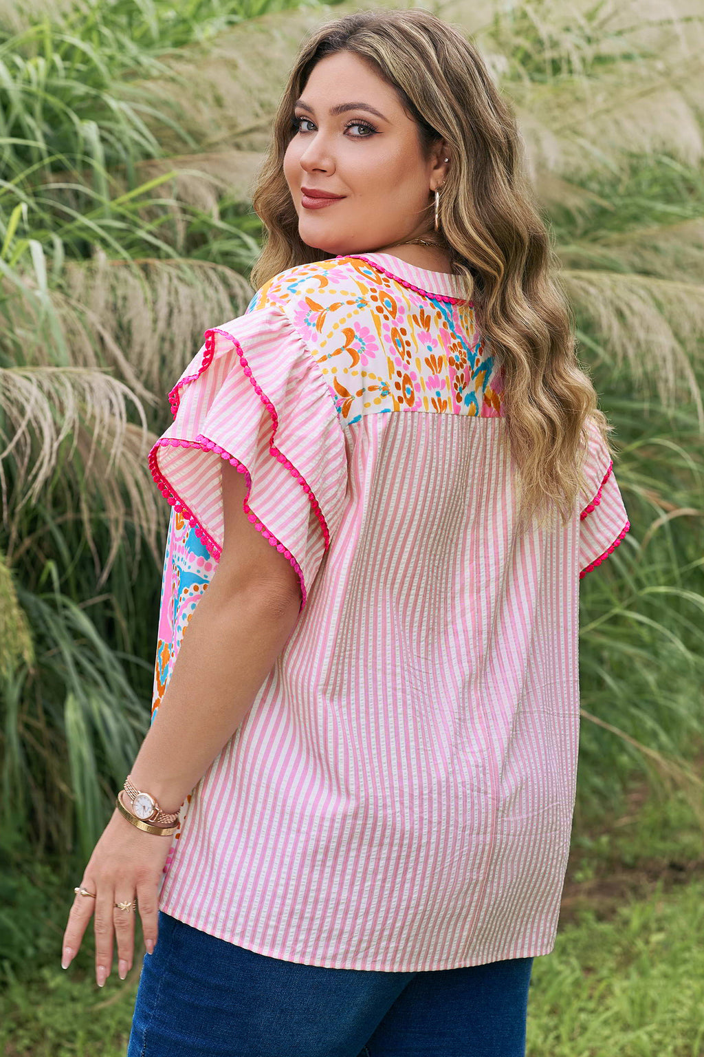 Rose Plus Size Geometric Print Contrast Trim Striped V Neck Blouse