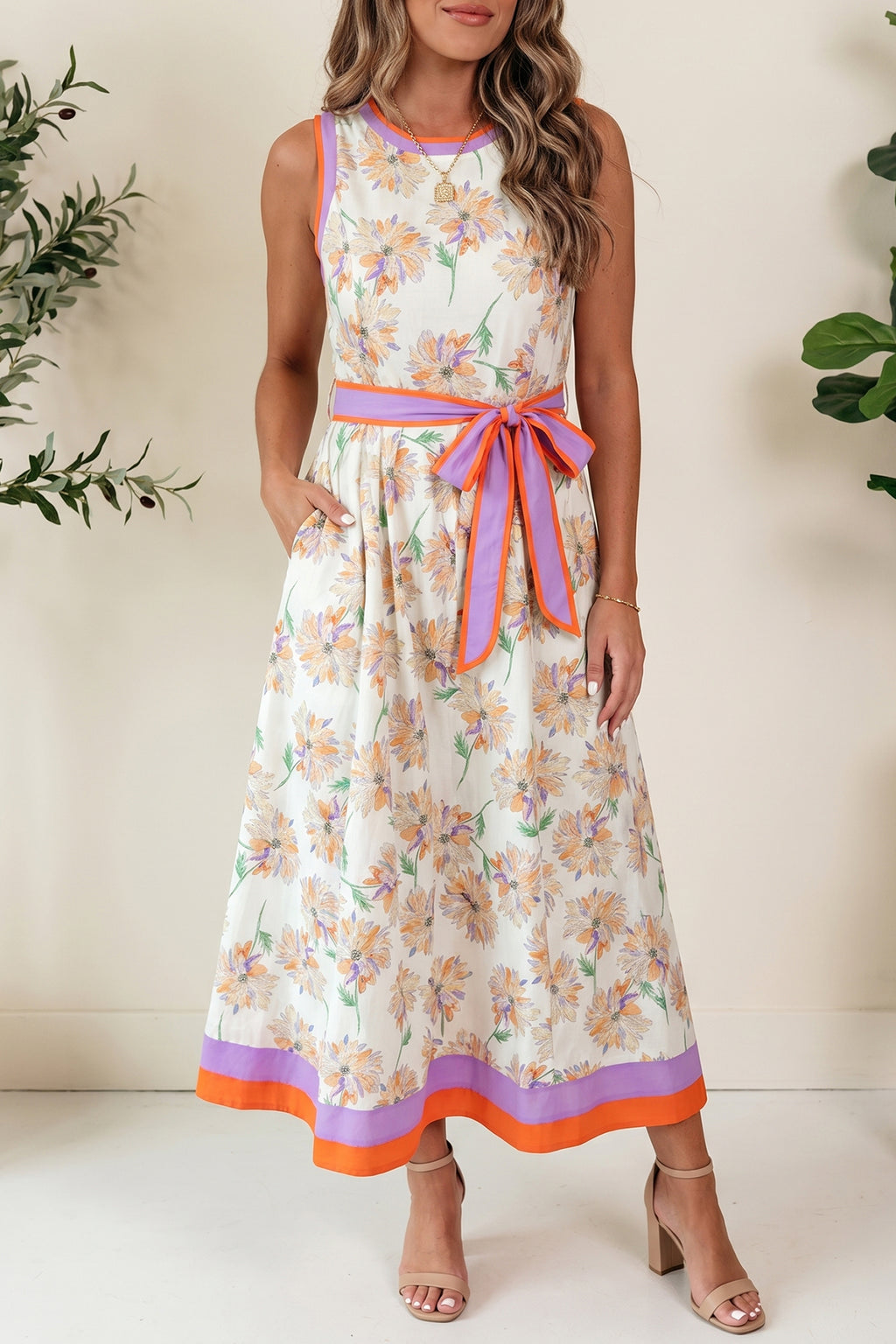 White Floral Print Color Block Trim Belted Sleeveless Maxi Dress