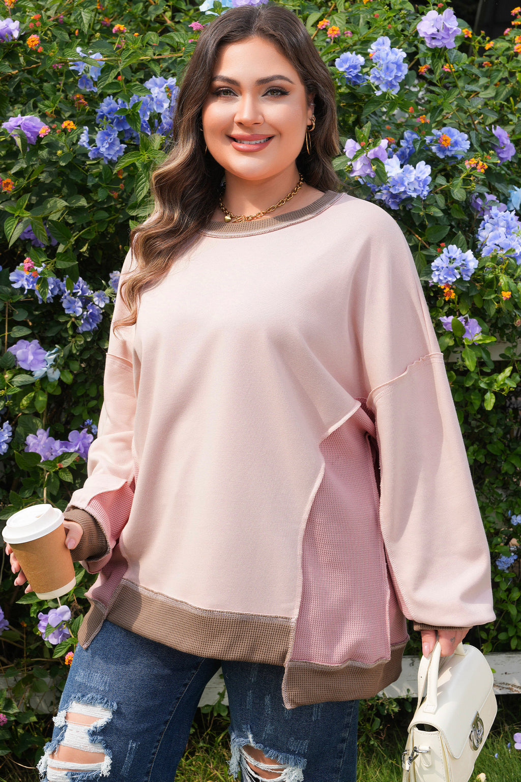 Light Pink Plus Color Block Waffle Patchwork Exposed Seam Baggy Sweatshirt