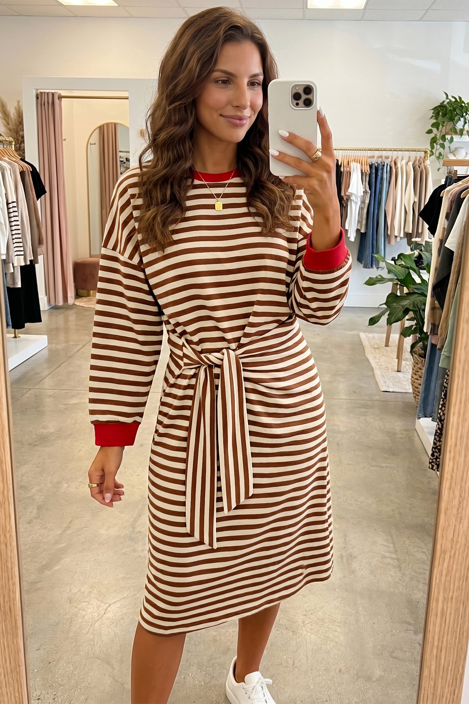 Brown Stripe Striped Colorblock Cuffs Round Neck Long Sleeve Shift Dress