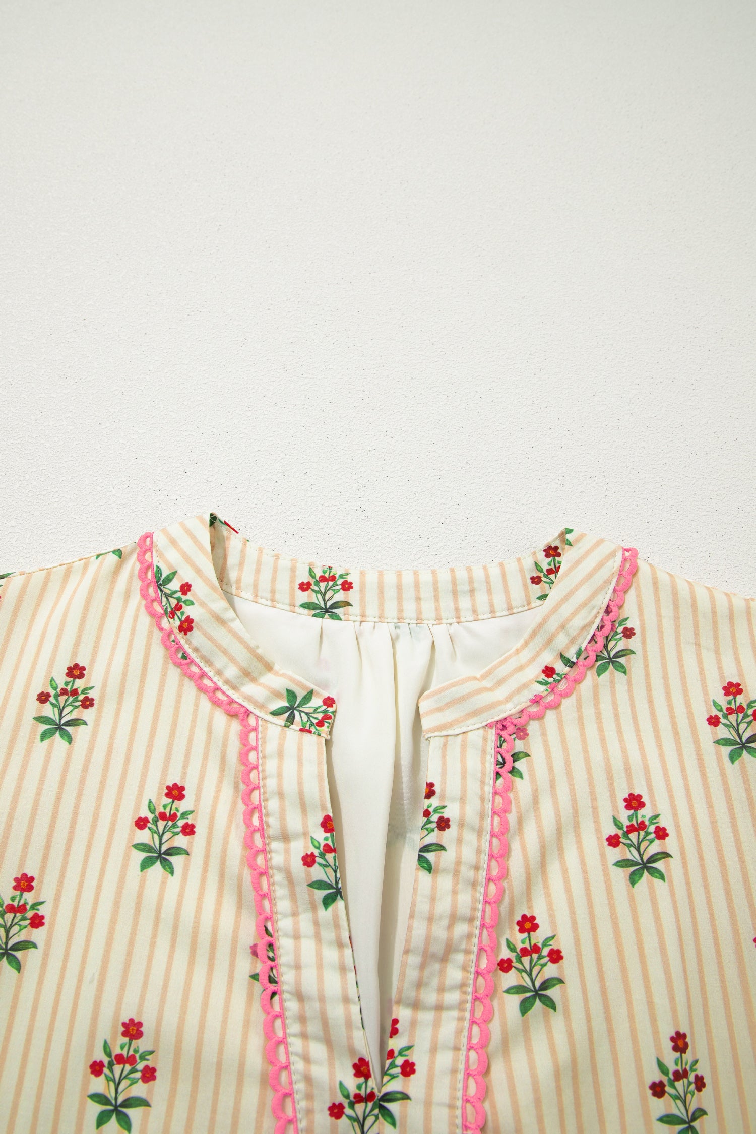 Apricot Striped Floral Print Contrast Detail Ruffle Hem Short Dress