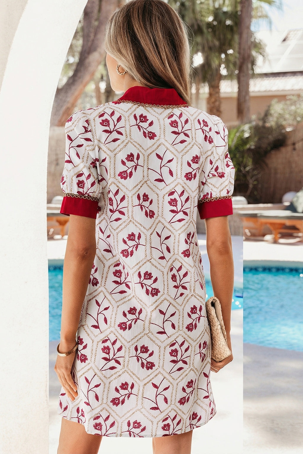 Red Geometric Floral Print Lace Trim Collared Short Sleeve Mini Dress