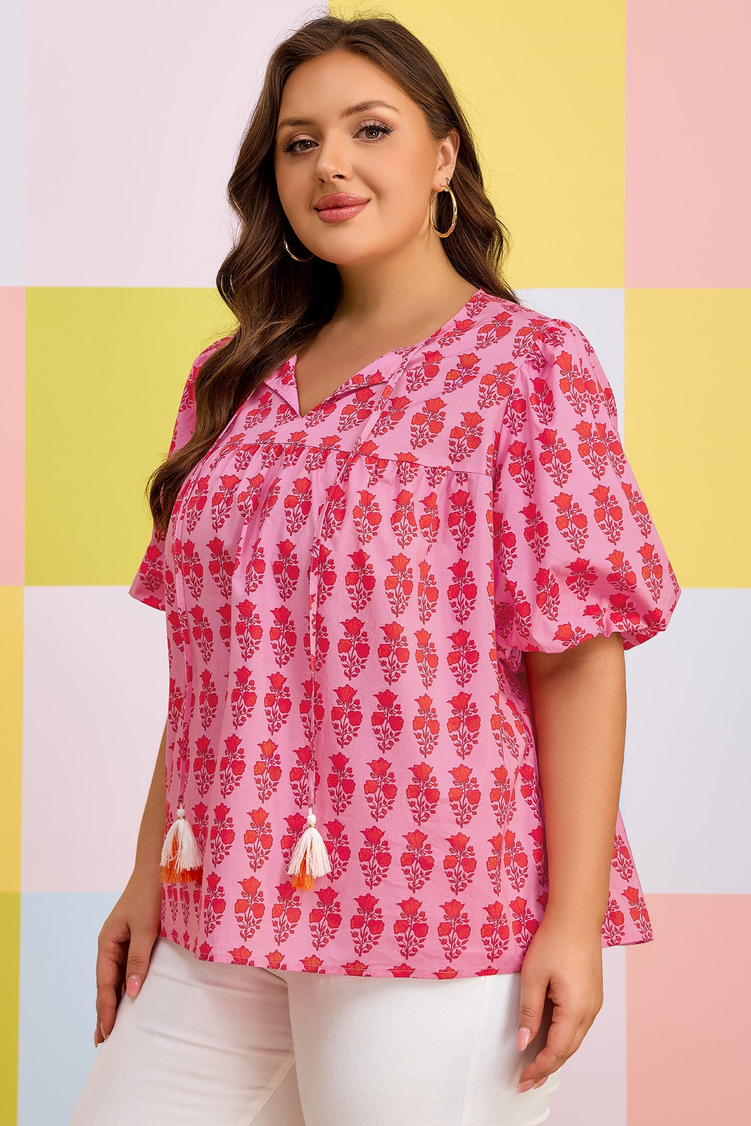 Pink Plus Size Floral Print Tassel Tie Puff Sleeve Cotton Blouse