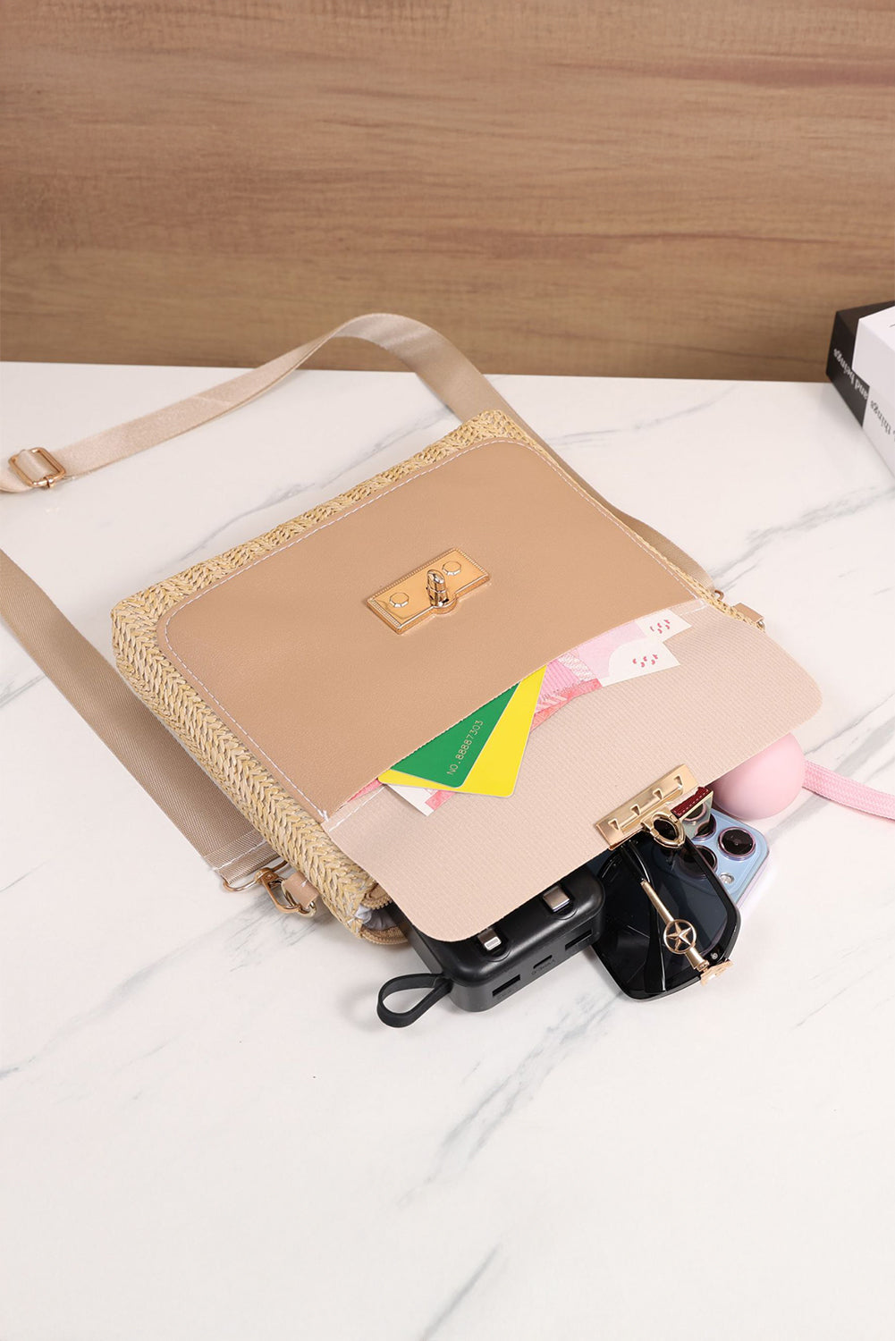 Beige Leather Pocket Patchwork Straw Woven Shoulder Bag