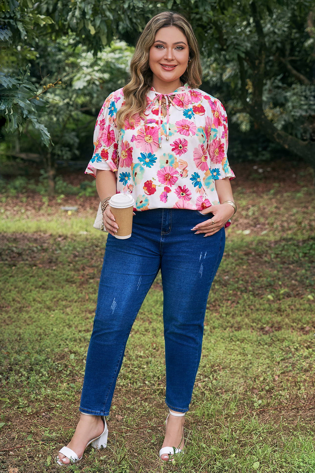 Pink Plus Size Floral Print Ruched Short Sleeve Blouse