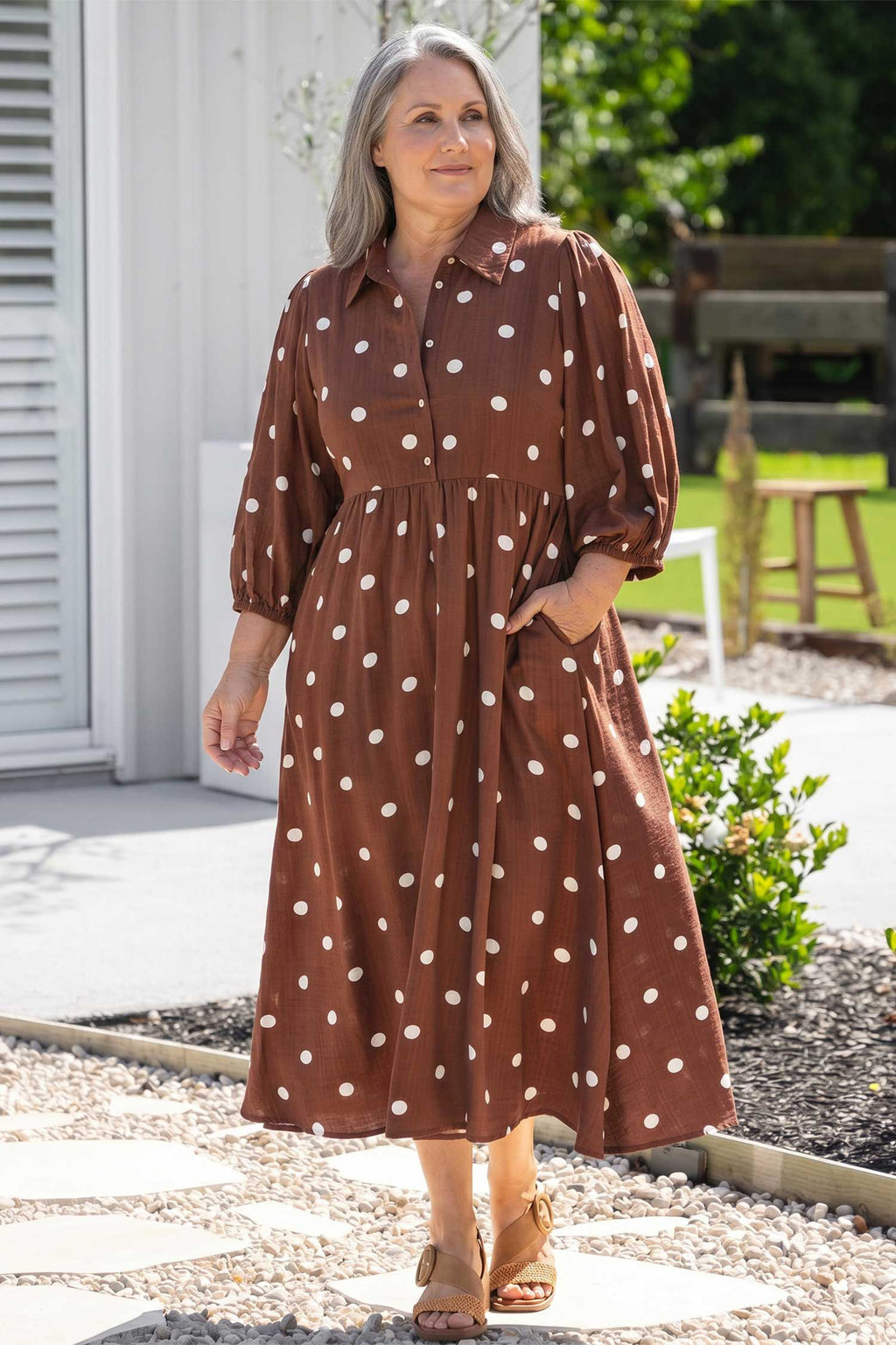 Brown Polka Dot V Neck Abdomen Pocket Gathered Cuffs Long Sleeve Shift Plus Size Dress