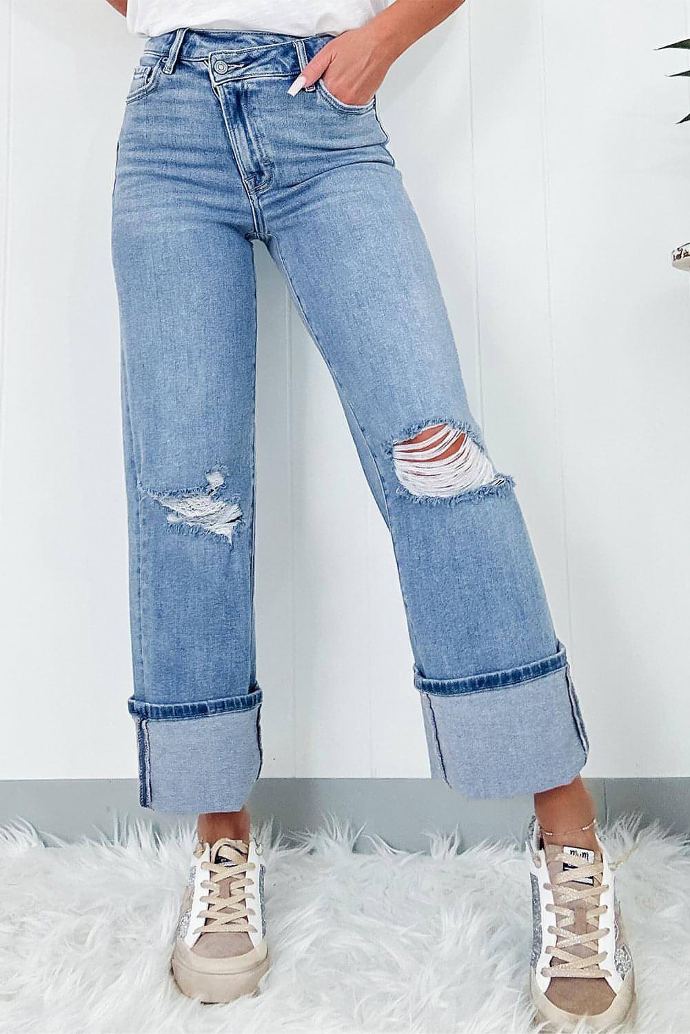 Dusk Blue High Rise Asymmetrisk Button Zip Fly Ripped Jeans