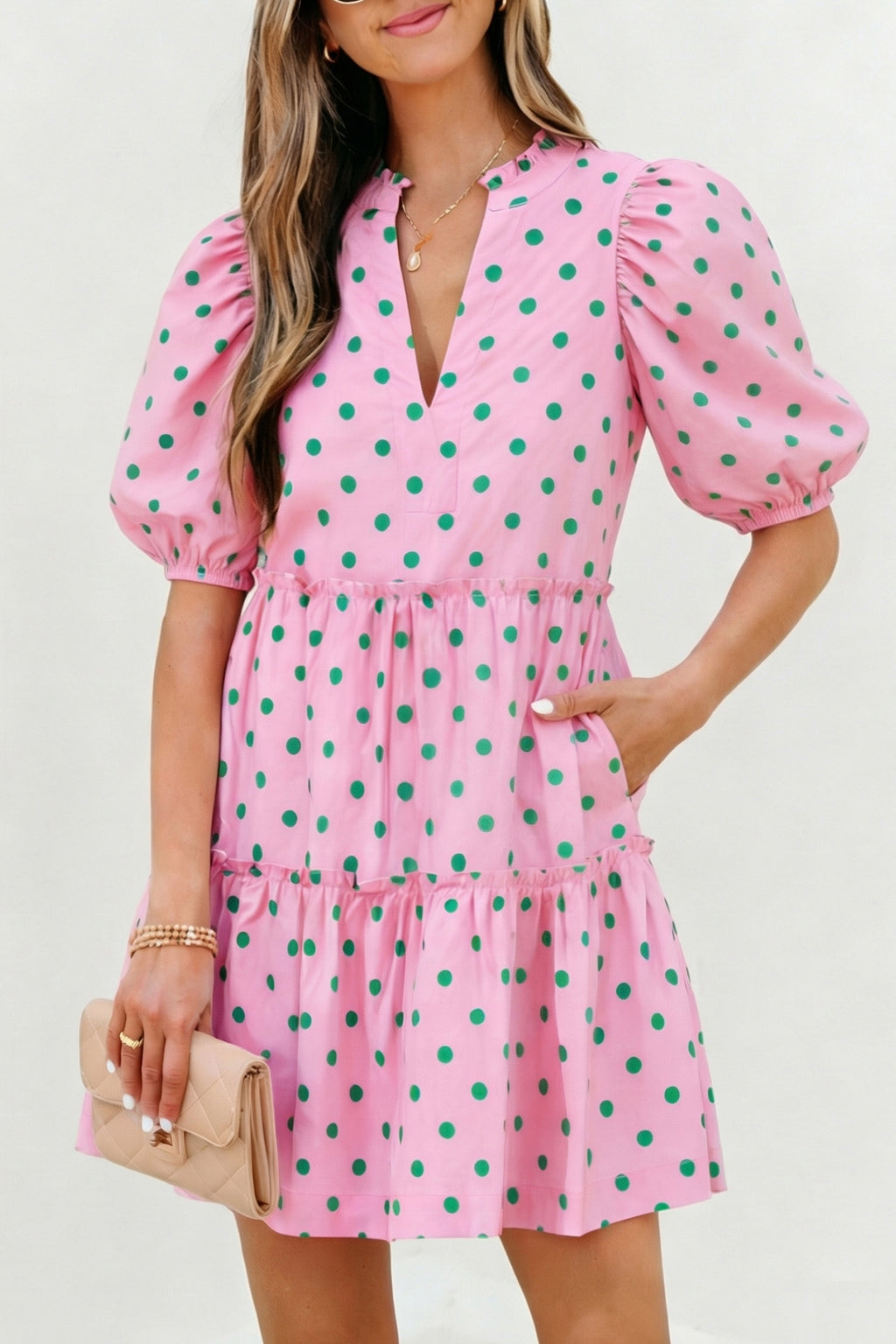 Pink Polka Dot Print V Neck Short Sleeve Tiered Mini Dress