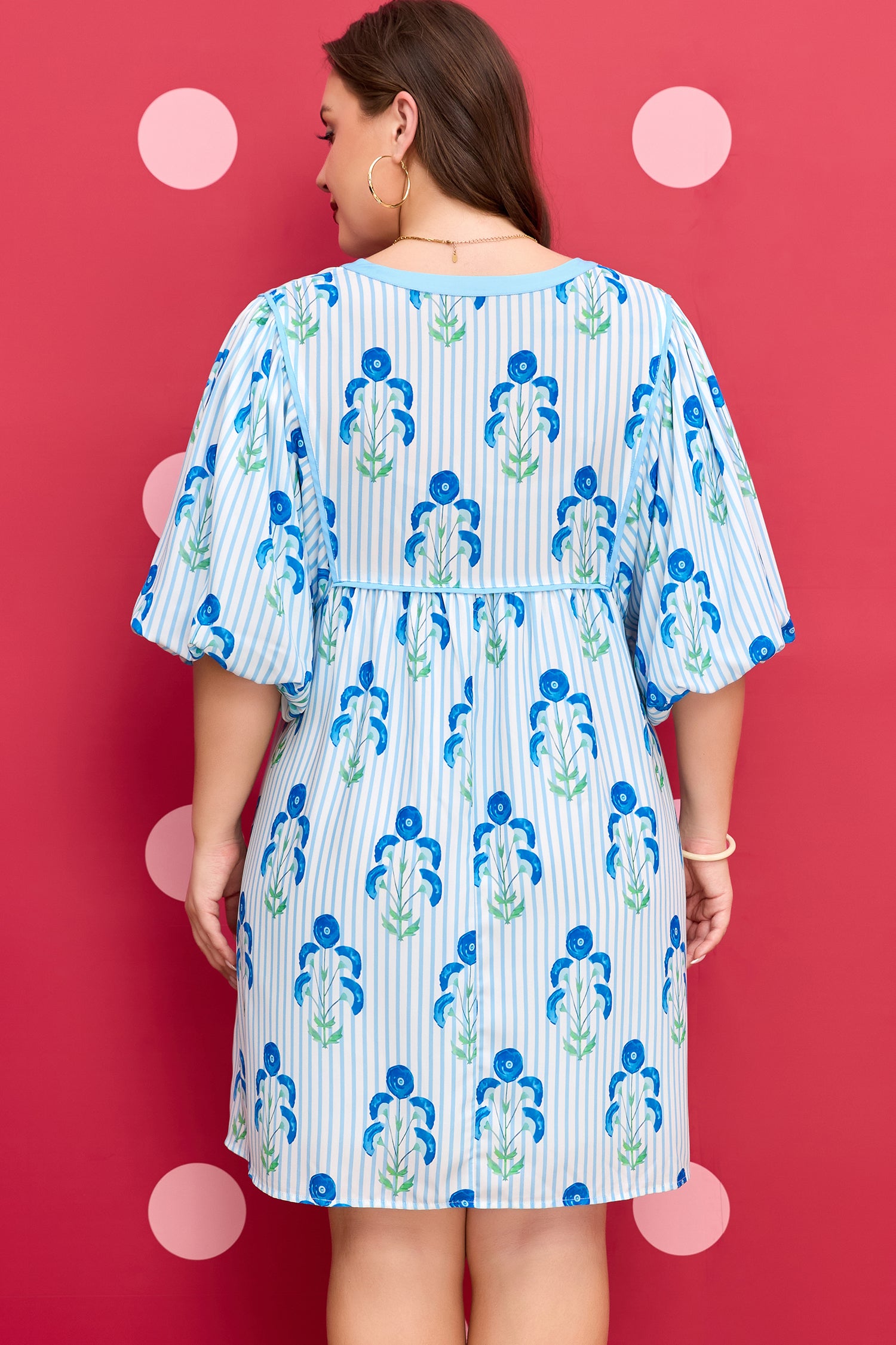 Sky Blue Floral Striped Bubble Short Sleeve Plus Size Dress