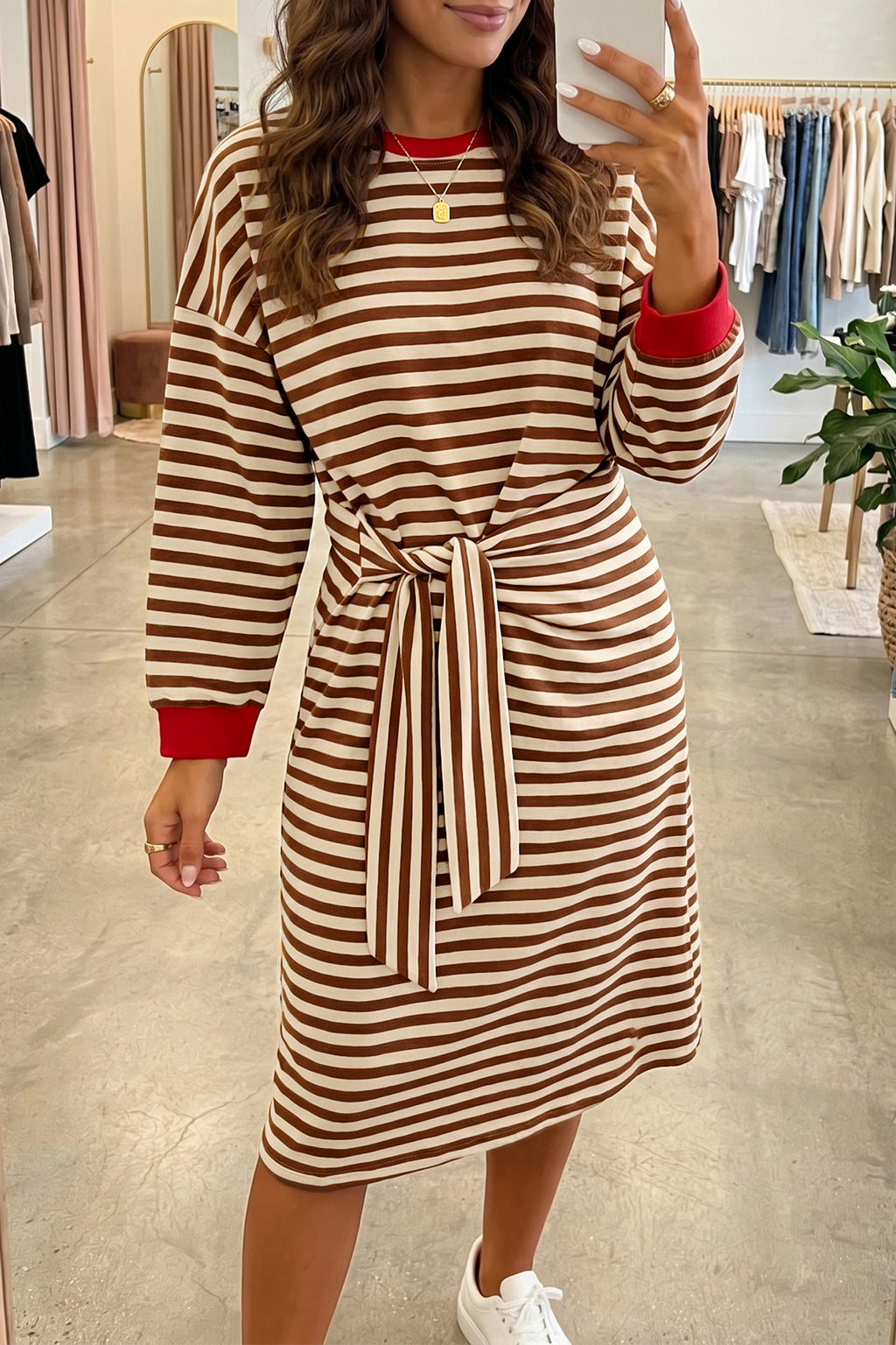 Brown Stripe Striped Colorblock Cuffs Round Neck Long Sleeve Shift Dress