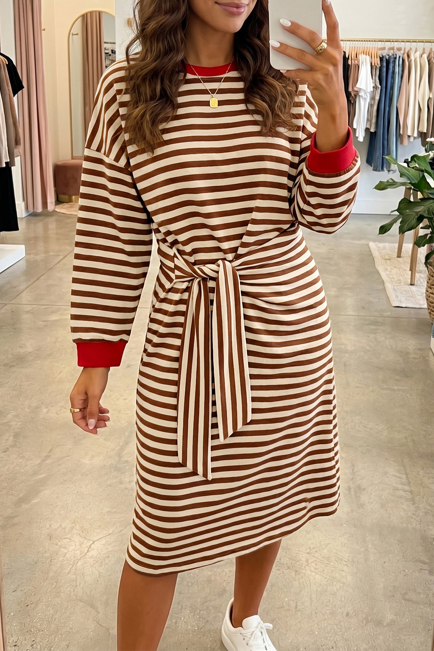 Brown Stripe Striped Colorblock Cuffs Round Neck Long Sleeve Shift Dress