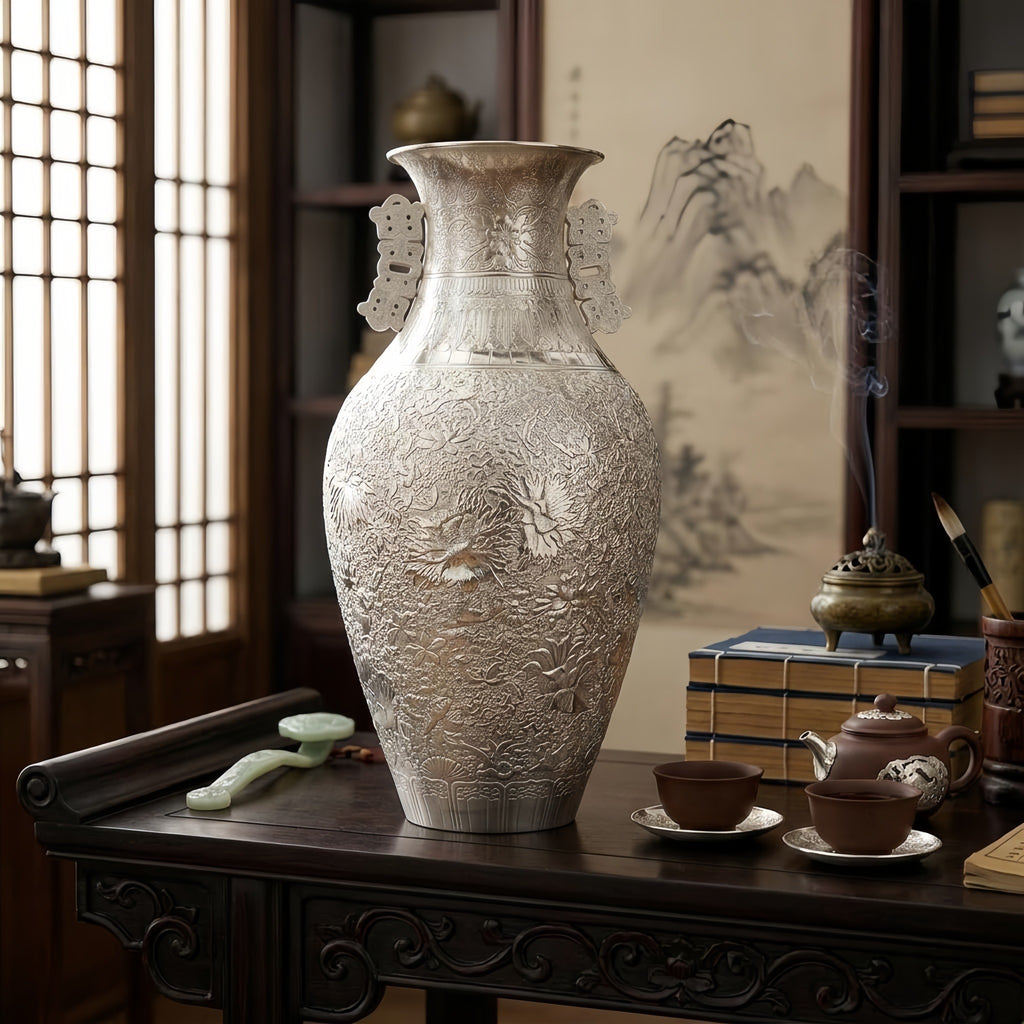 925 Sterling Silver & White Porcelain Dragon Handle Vase with Floral Motifs