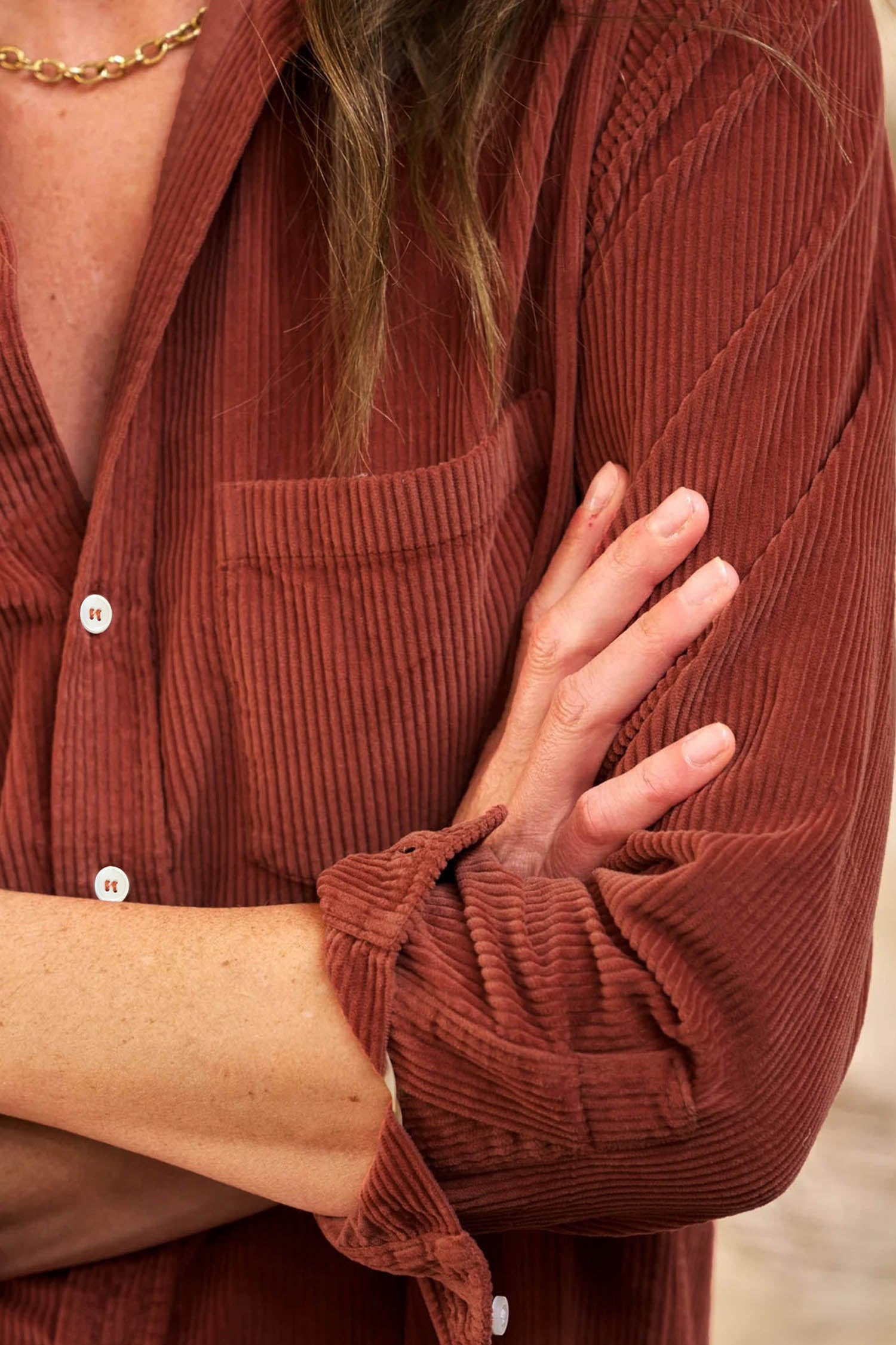 Clay Long Sleeve Button Down Corduroy Midi Length One Piece Dress