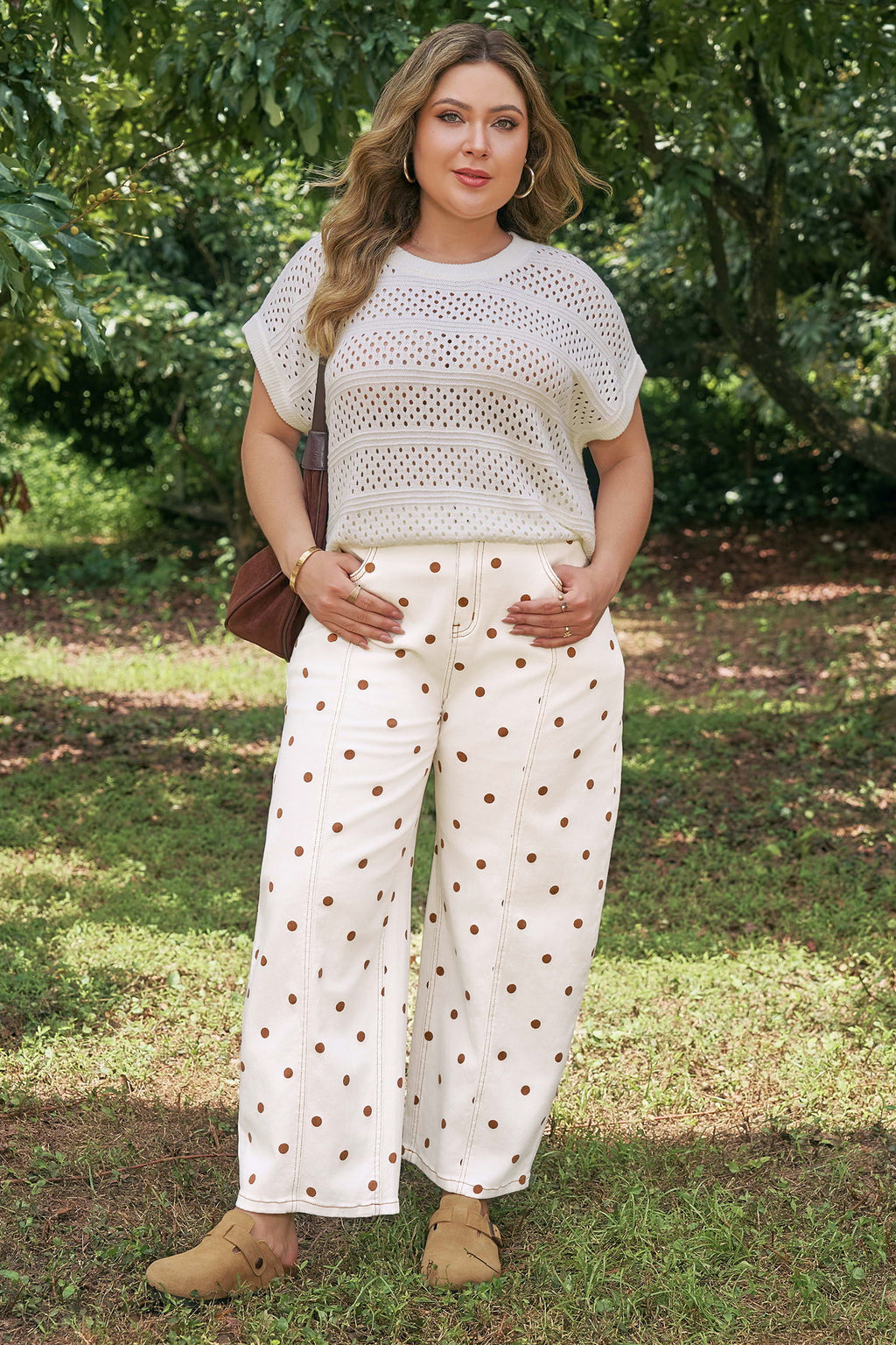 Beige Polka Dot Print Plus Size Barrel Jeans
