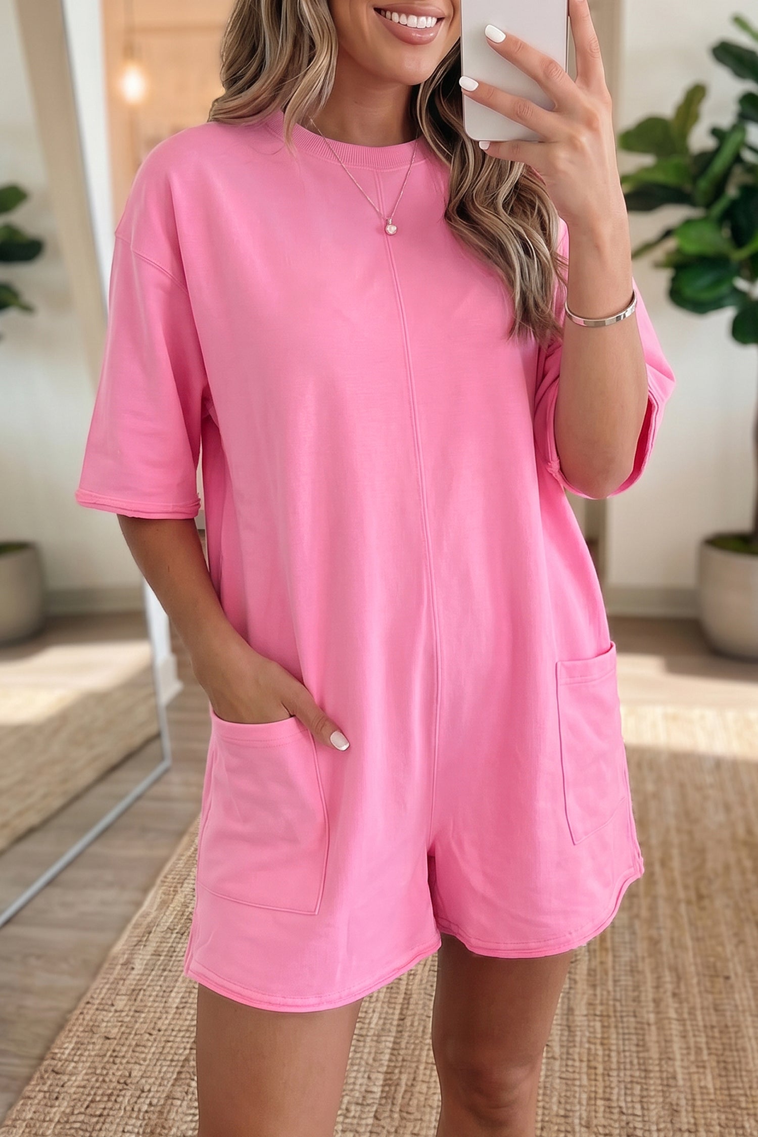Pink Solid Color Raw Edge Half Sleeve Pocketed Loose Romper