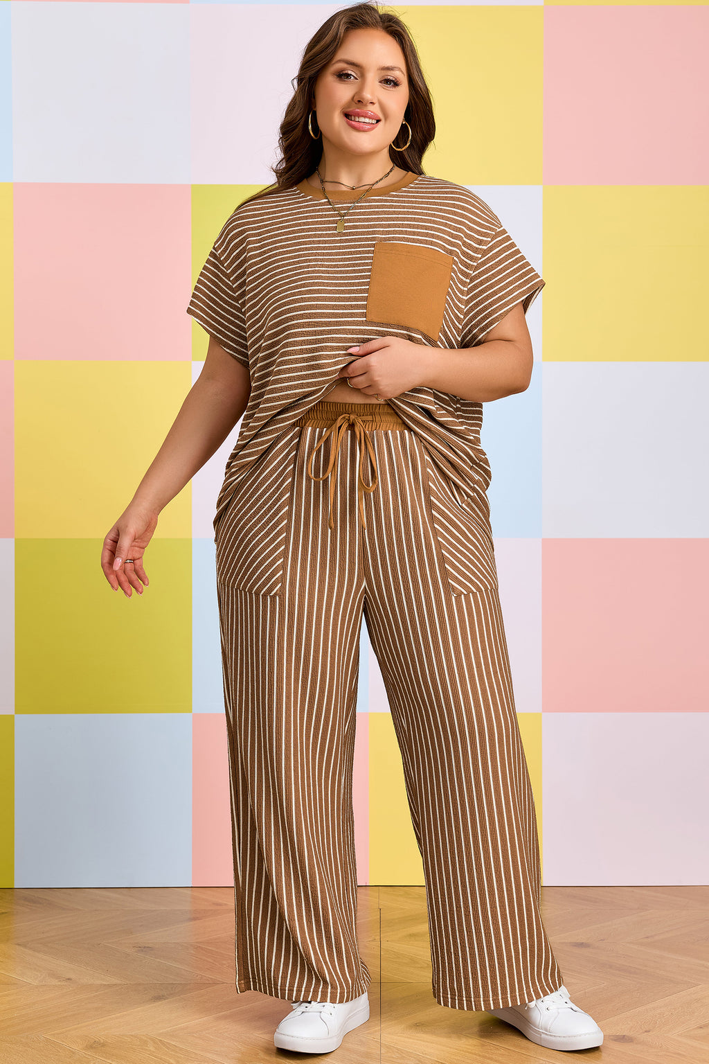 Khaki Stripe Plus Size Striped Colorblock Pocket Lounge Set