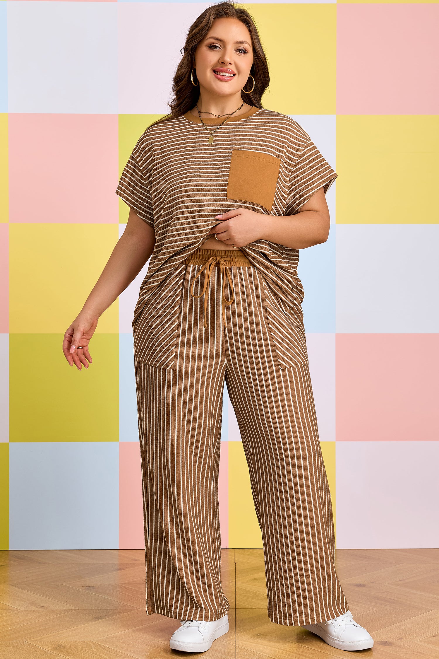 Khaki Stripe Plus Size Striped Colorblock Pocket Lounge Set