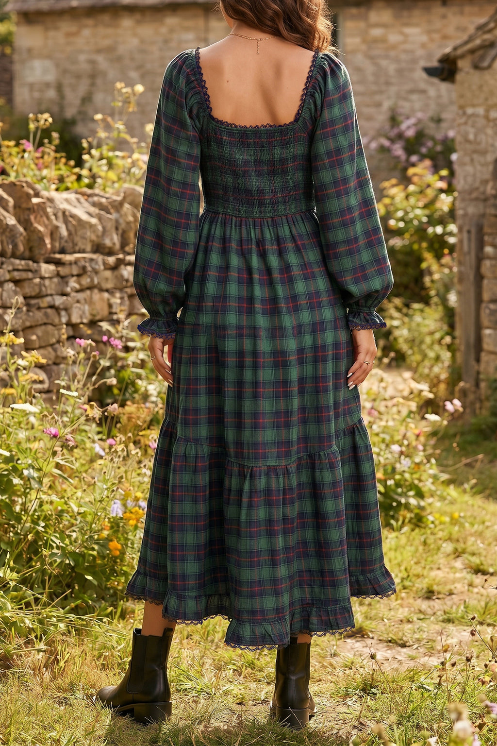 Green Vintage Plaid Square Neck Lace Trim Long Sleeve Shift Dress