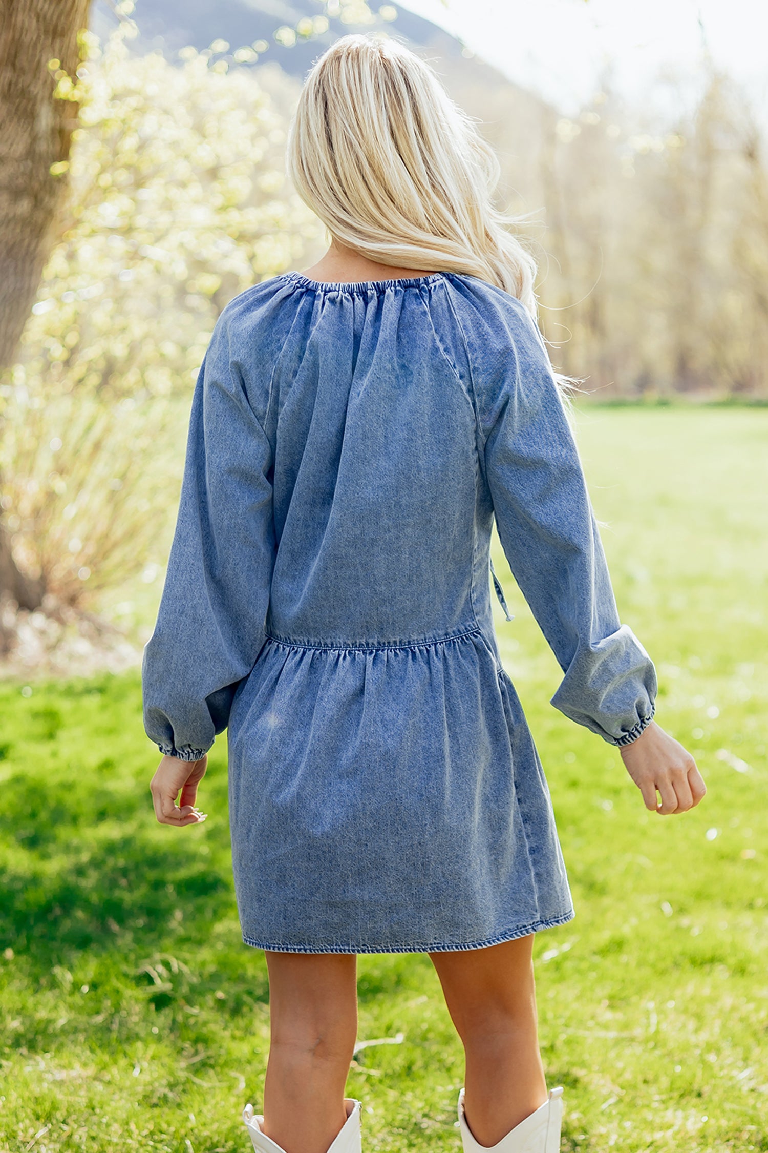 Myosotis Puff Sleeve V Neck Ruffled Loose Denim Mini Dress