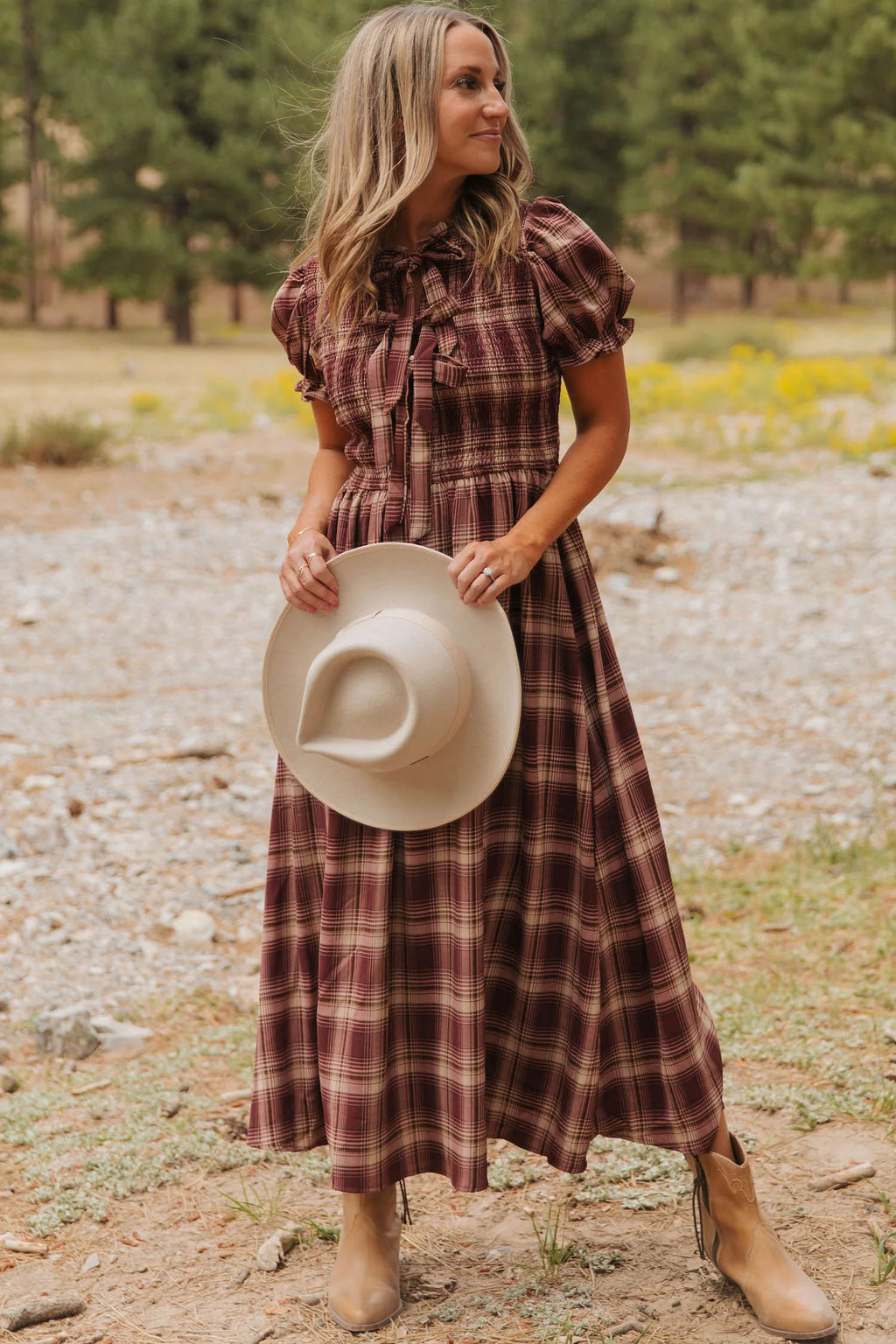 Red Vintage Plaid Knot Front Smocked High Waist Midi Dress