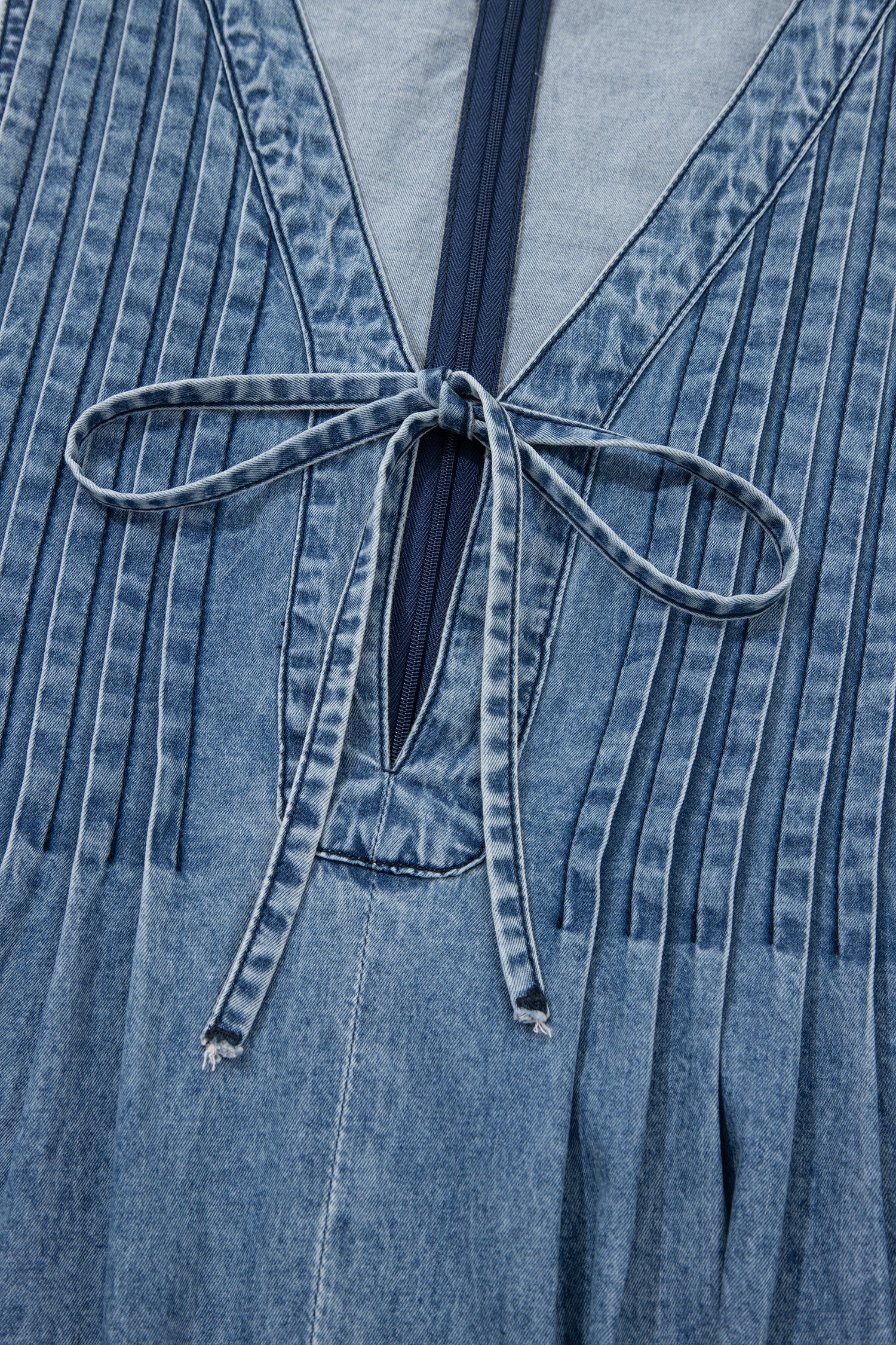 Dusk Blue Acid Wash Pintuck Tie V Neck Denim Wide Leg Jumpsuit