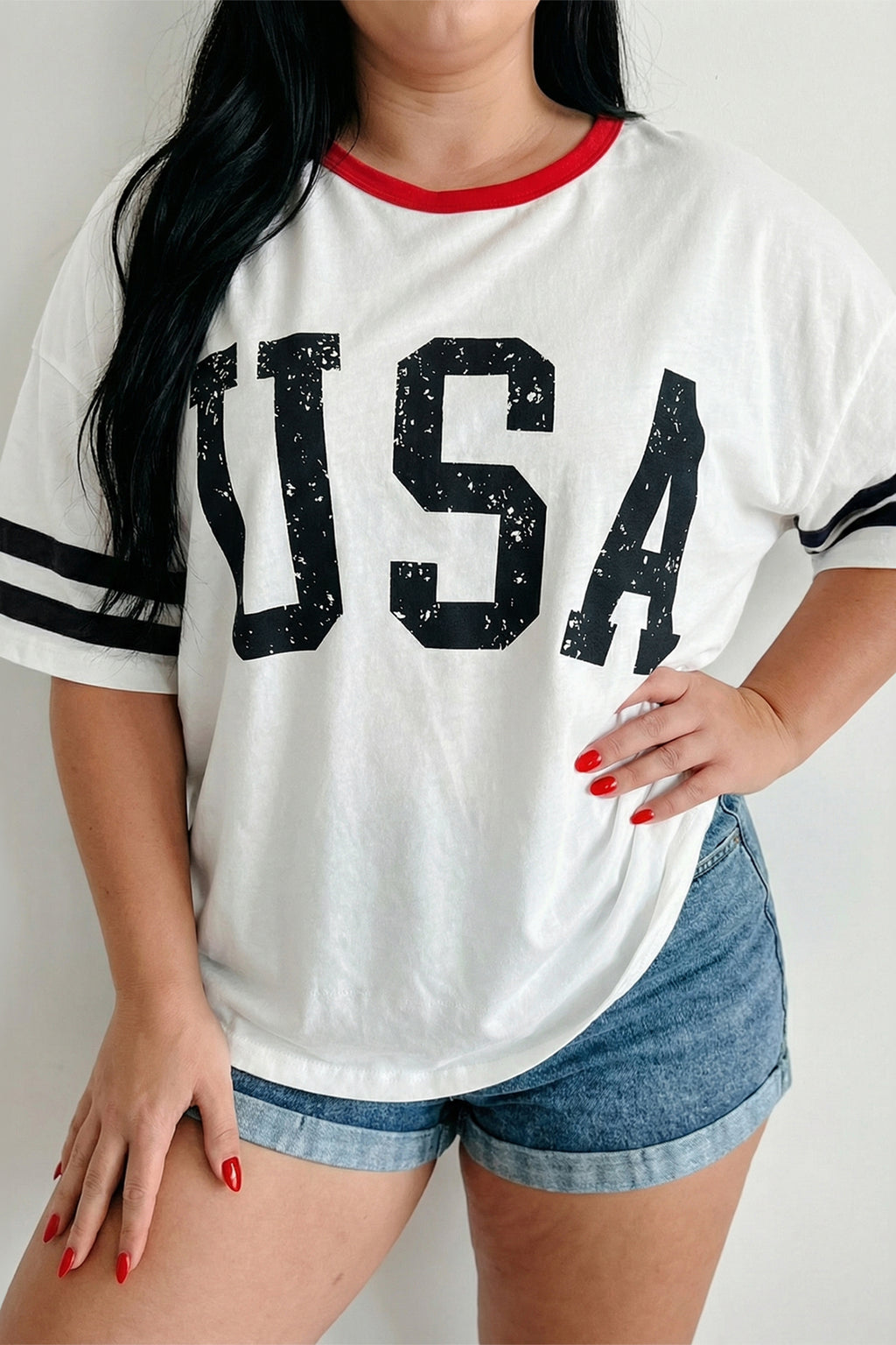 White Retro USA Striped Trim Short Sleeve Plus Size Tee