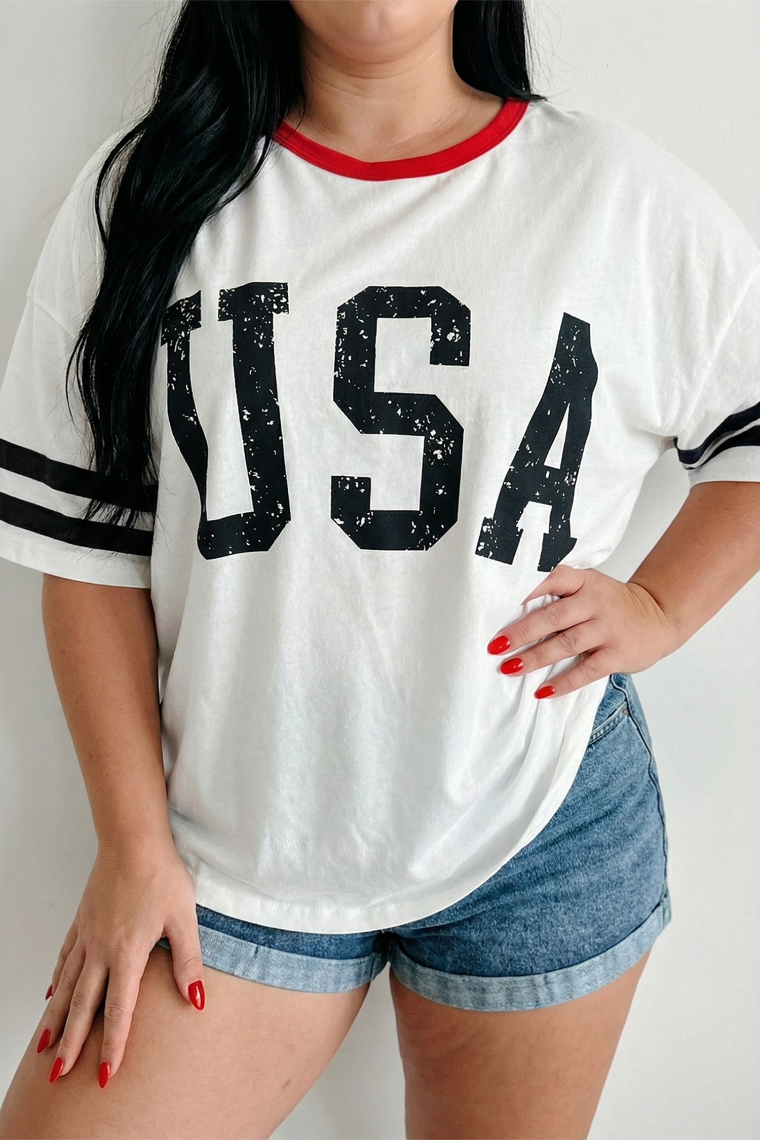 White Retro USA Striped Trim Short Sleeve Plus Size Tee