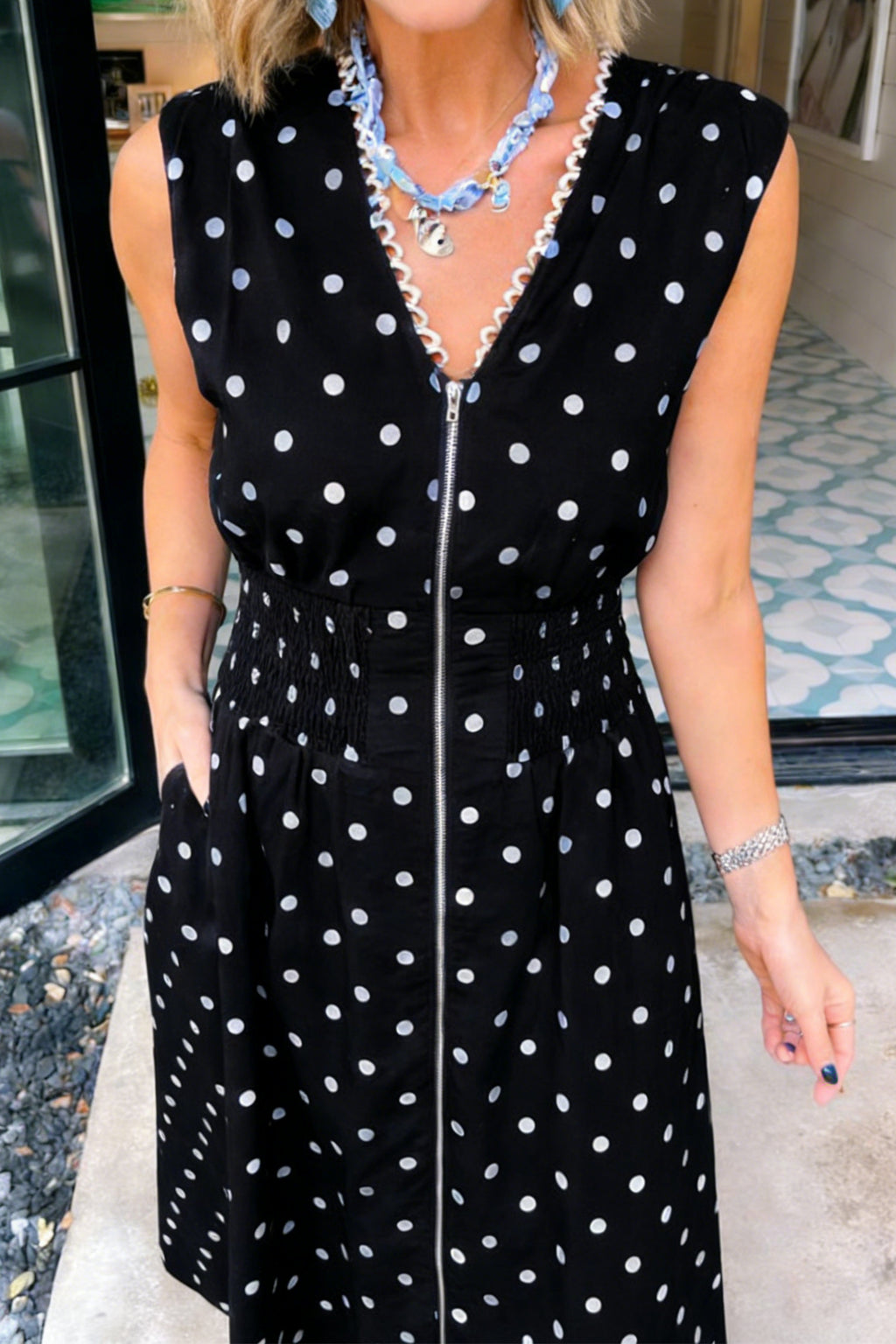 Brown Polka Dot Print Contrast Trim V Neck Zip Up Sleeveless Dress