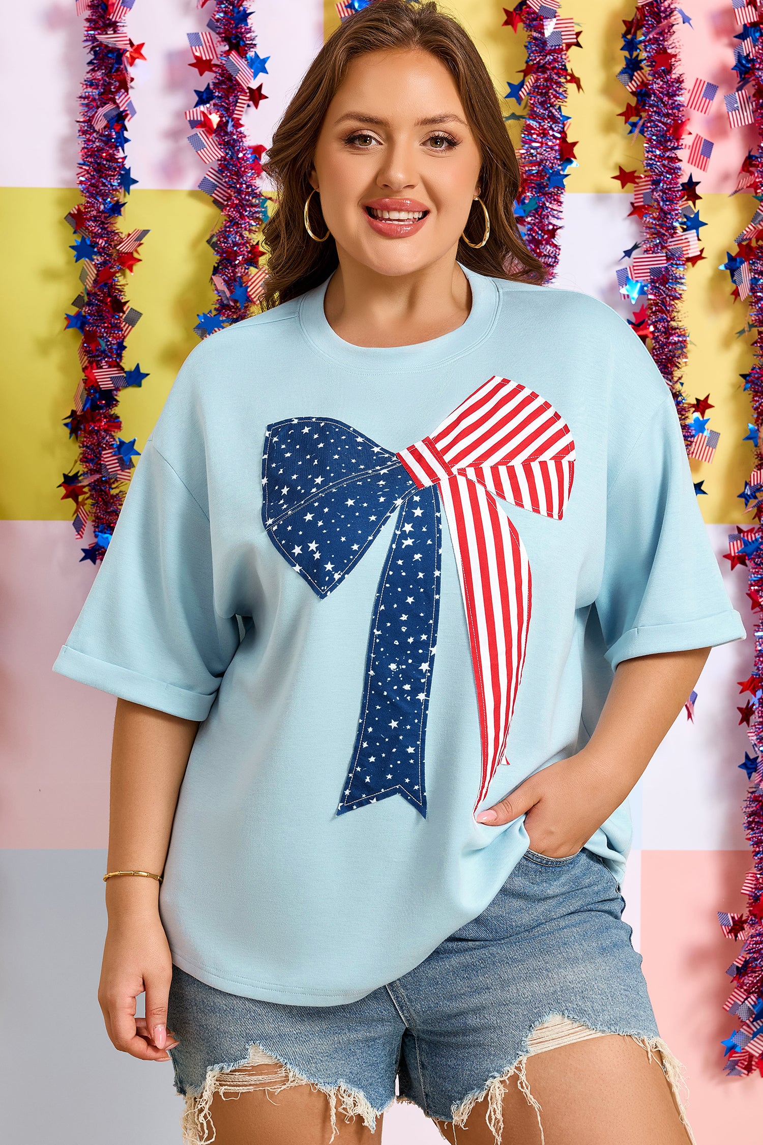 Beau Blue Plus Size Patriotic Bow Patchwork Graphic T-Shirt