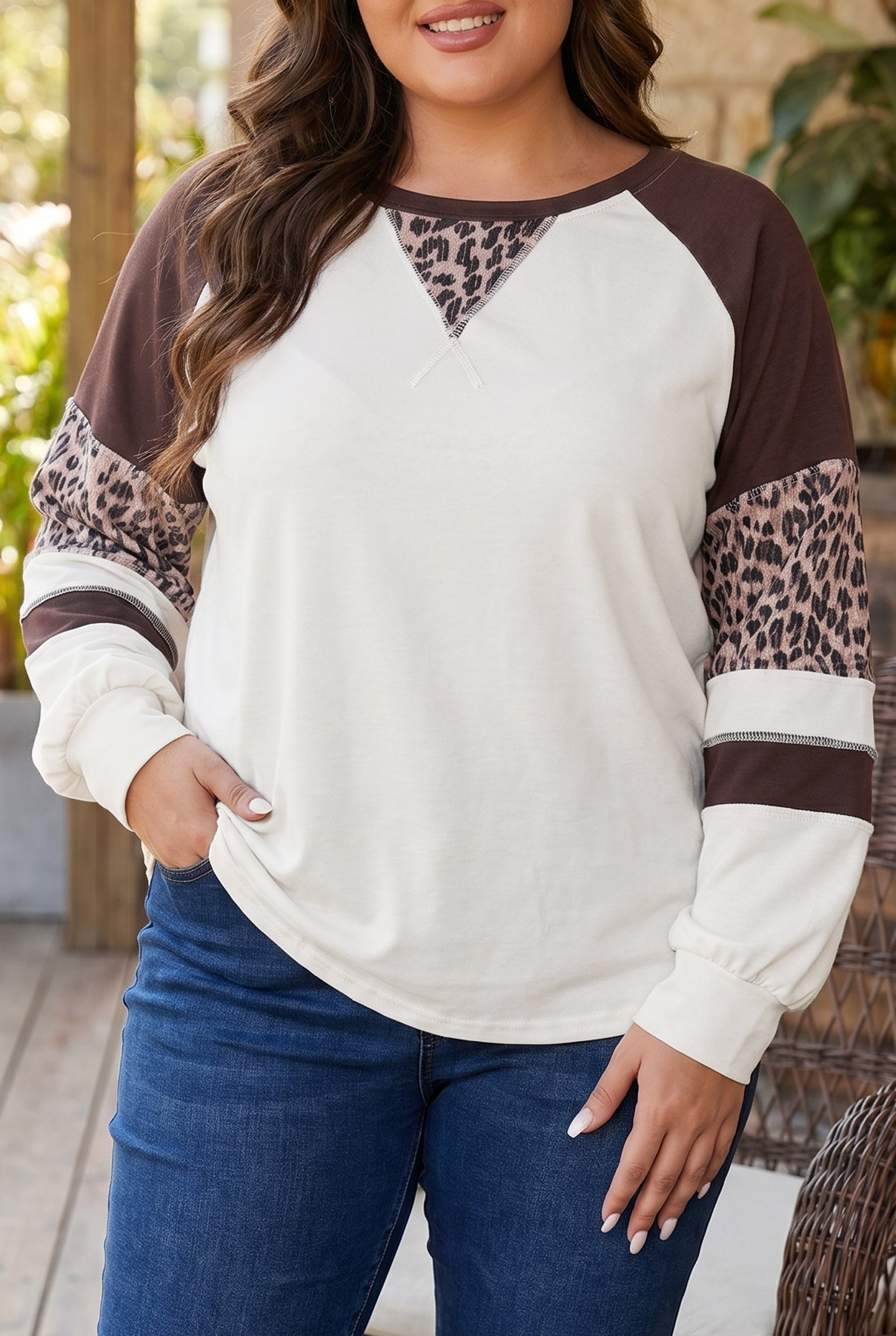 Beige Leopard Print Colorblock Round Neck Long Sleeve Plus Size Blouse