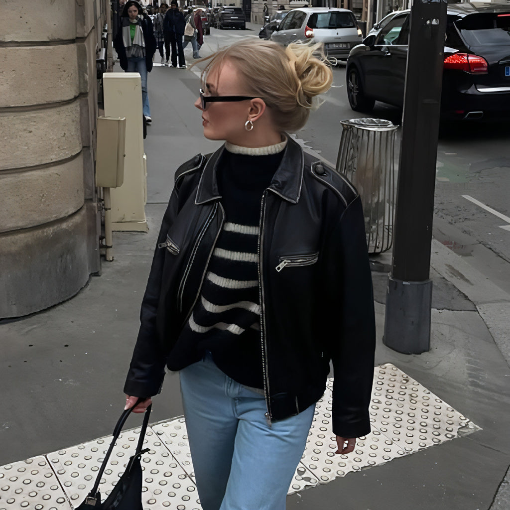 Damen Schaffellmantel Retro Biker Ledermantel