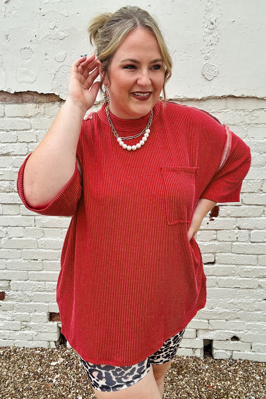 Fiery Red Twist Ribbed Tunic Round Neck Bracelet Sleeve Plus Size Blouse