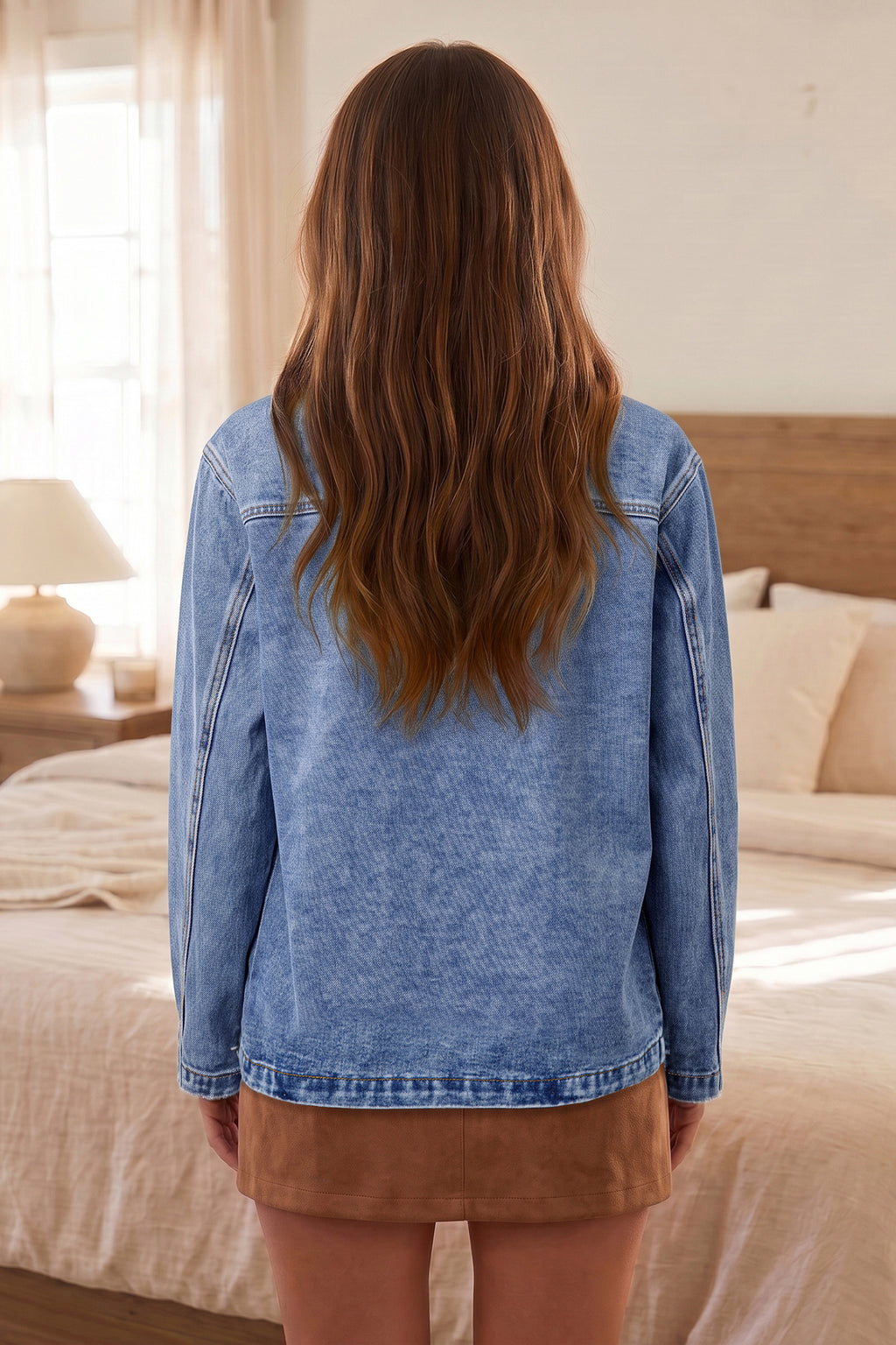Sky Blue Patchwork Leather Collar Long Sleeve Denim Jacket