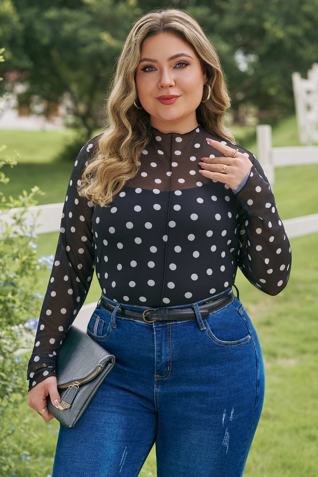 Black Plus Size Mock Neck Polka Dot Long Sleeve Mesh Top