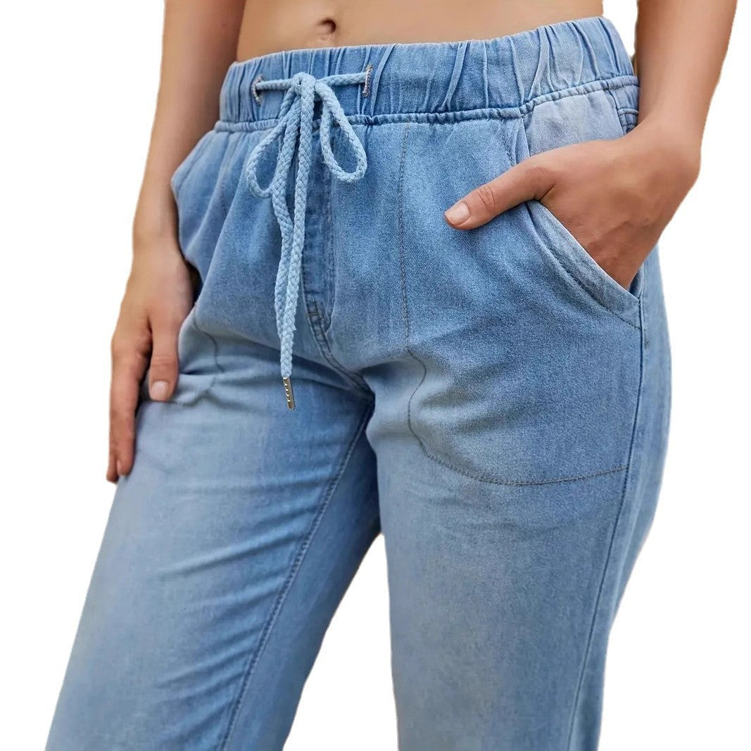 Elastic Waistband High Waist Jeans – Korean-Inspired Skinny Fit