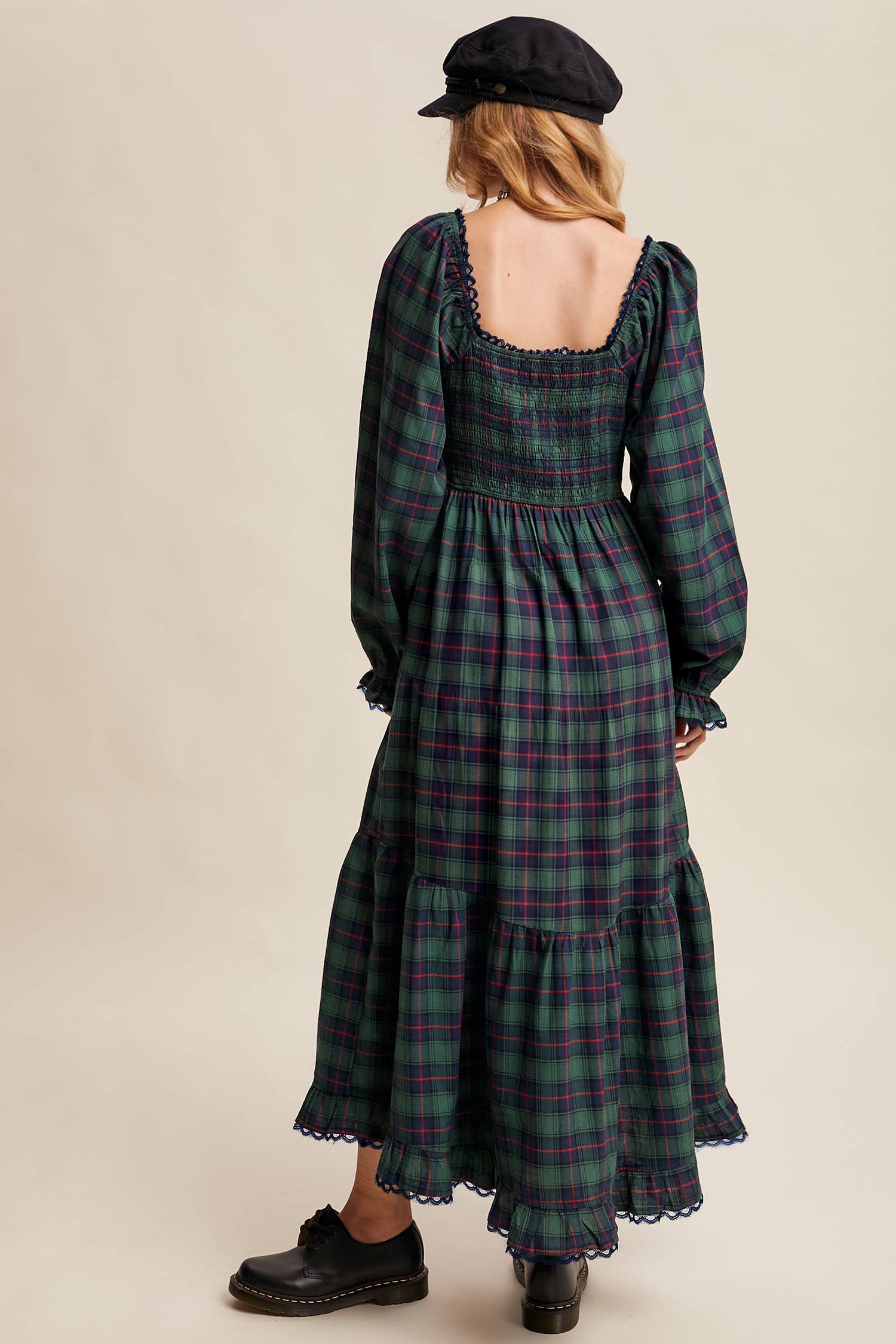 Green Vintage Plaid Square Neck Lace Trim Long Sleeve Shift Dress