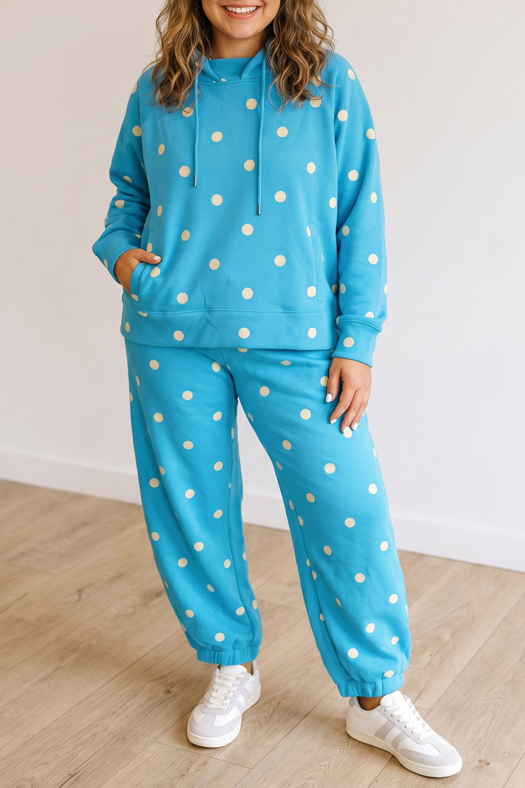 Blue Polka Dot Hooded Drawstring Long Sleeve Plus Size Set