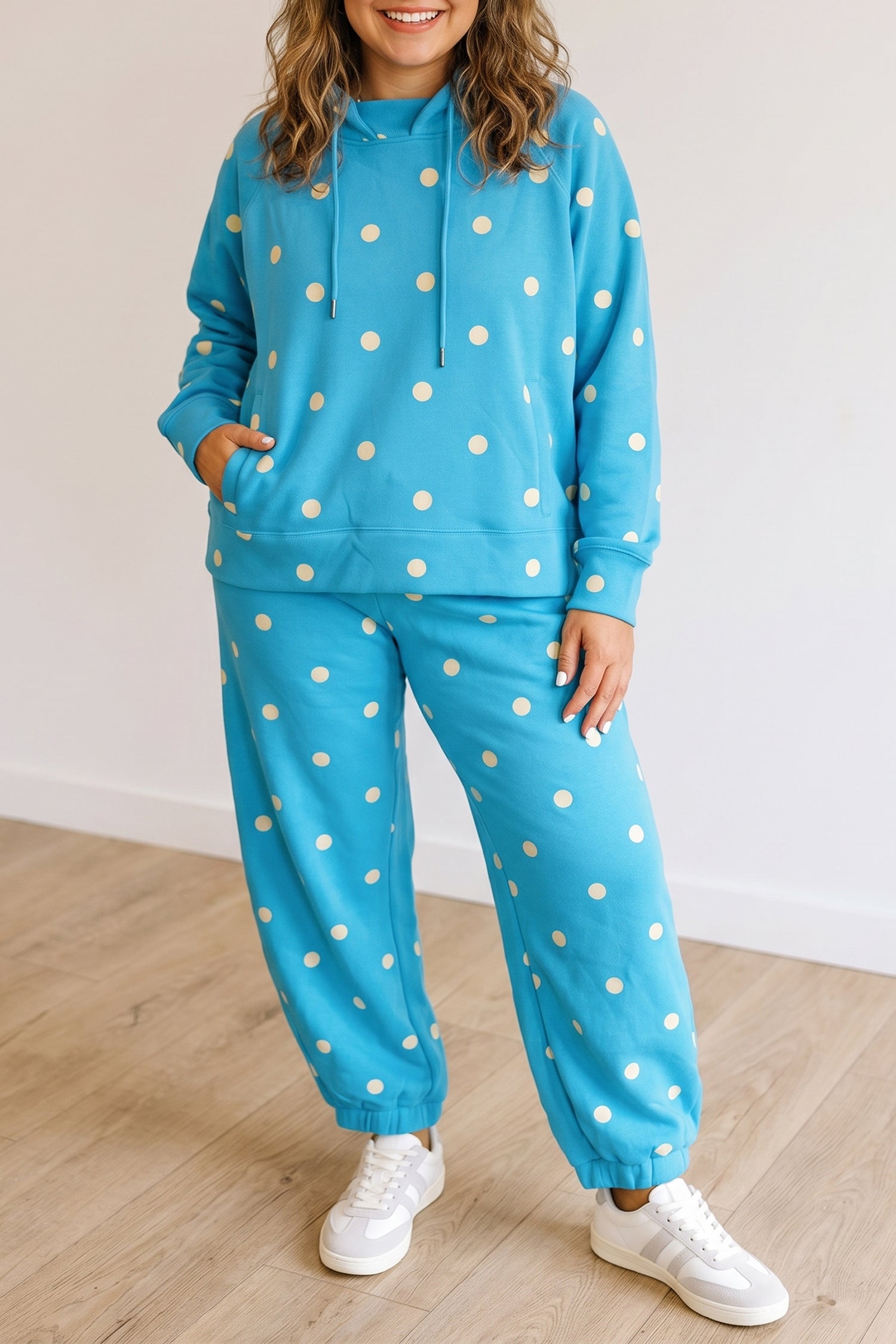 Blue Polka Dot Hooded Drawstring Long Sleeve Plus Size Set